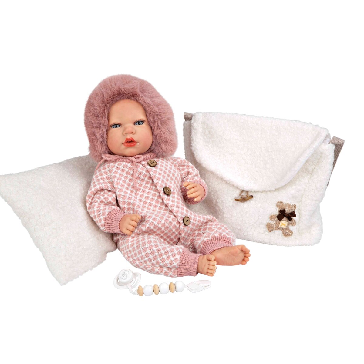 Bebé Reborn 40 cm Manuela rosa con bolso y cojín 2