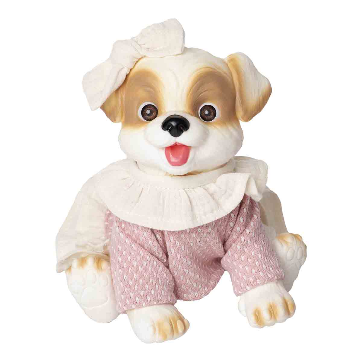 RosaToys – Muñeco Perro blanco Jersey lana rosa y volantes beig Rosatoys.