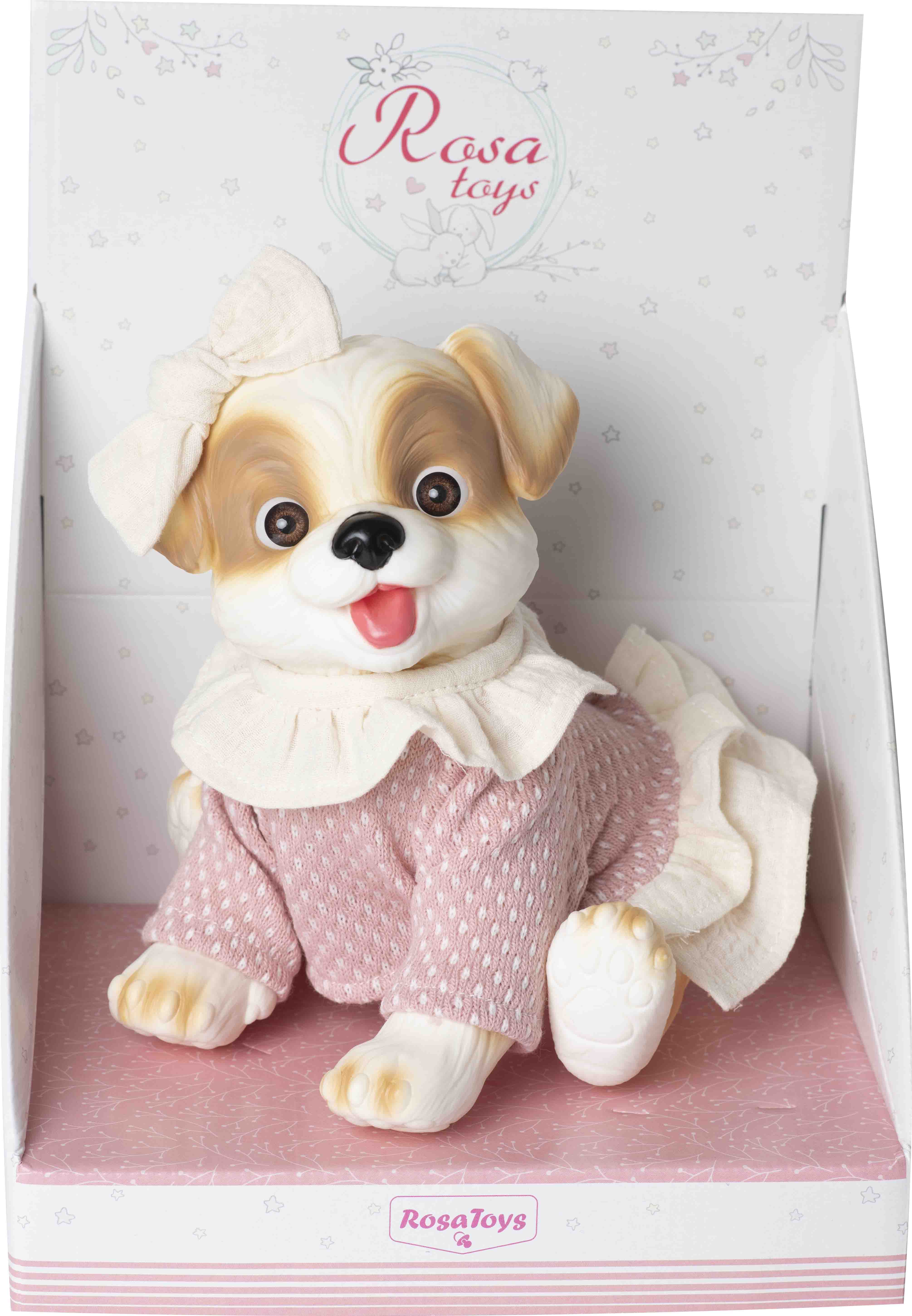 Muñeco Perro blanco Jersey lana rosa y volantes beig Rosatoys 3