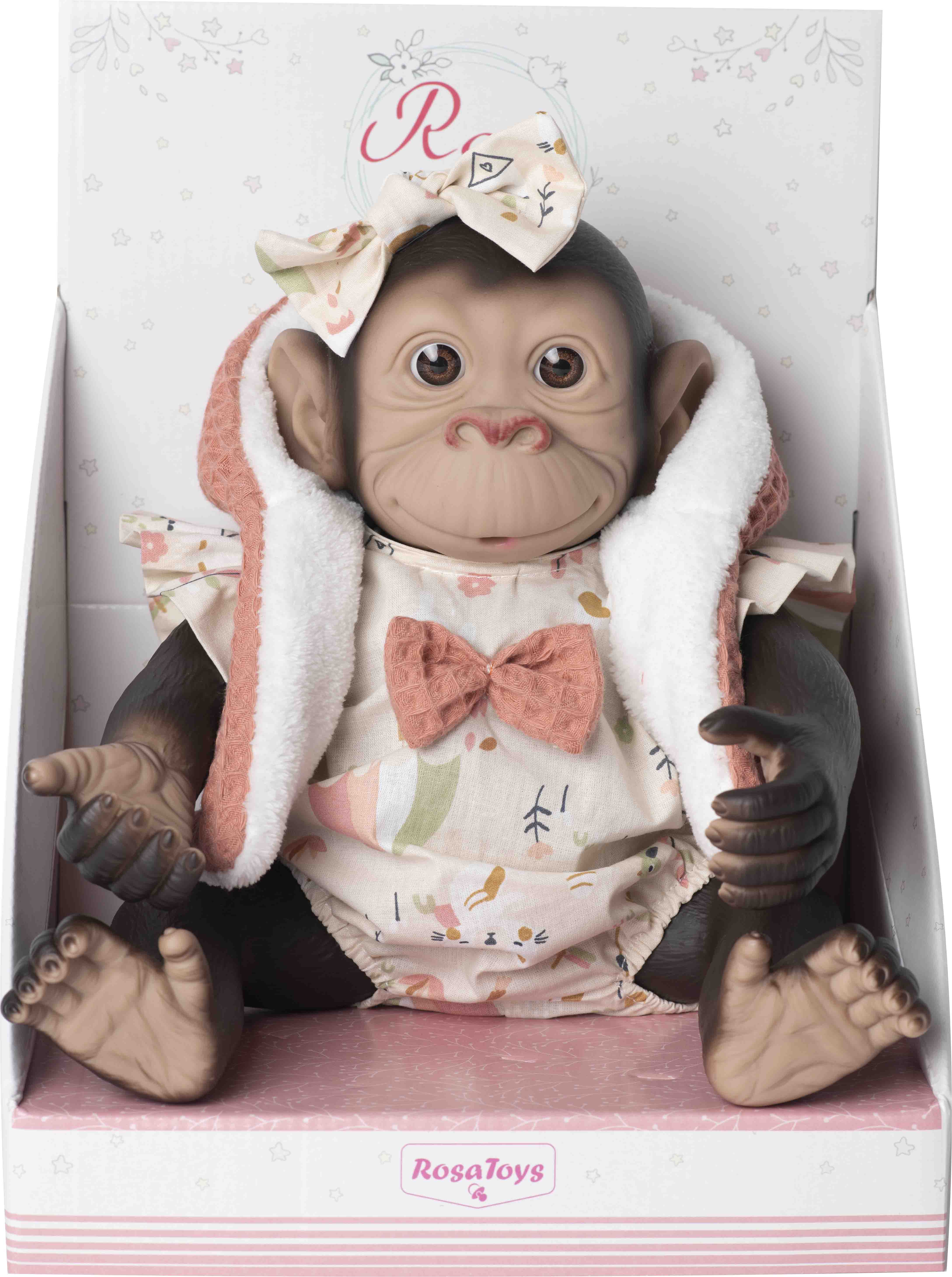 RosaToys – Muñeco Reborn Mono con pepele beig de volantes y chaleco naranja Rosatoys.