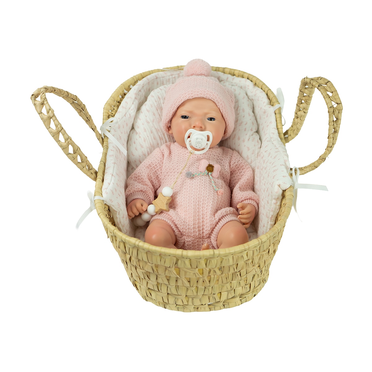 Imagen 0 de Muñeco bebés Real Reborn Silicona Niña Arlet 40 Cm con capazo mimbre, chupete, chupetero, pañal, Libro de familia y certificado de autenticidad Arias
