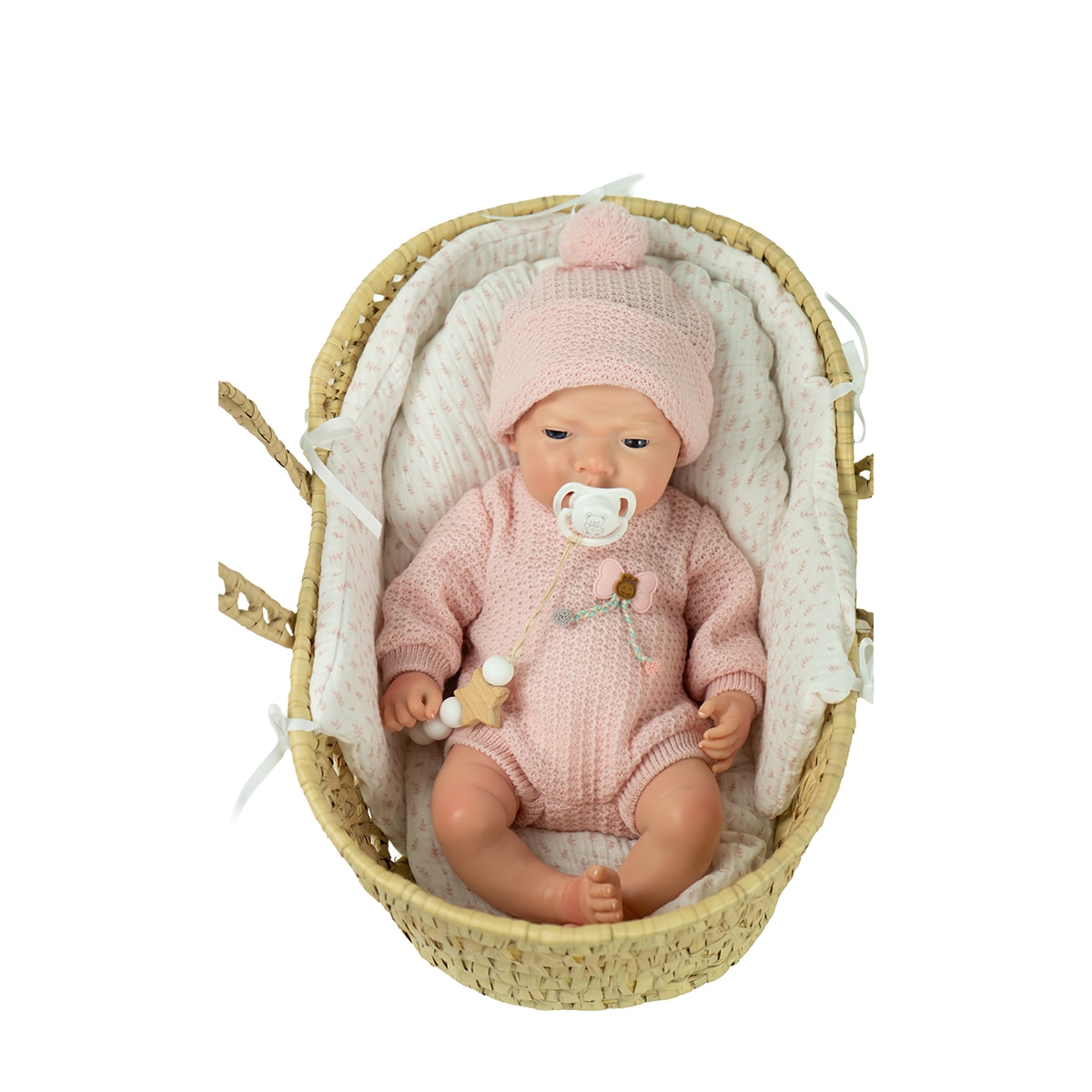 Muñeco bebés Real Reborn Silicona Niña Arlet 40 Cm con capazo mimbre, chupete, chupetero, pañal, Libro de familia y certificado de autenticidad Arias 4
