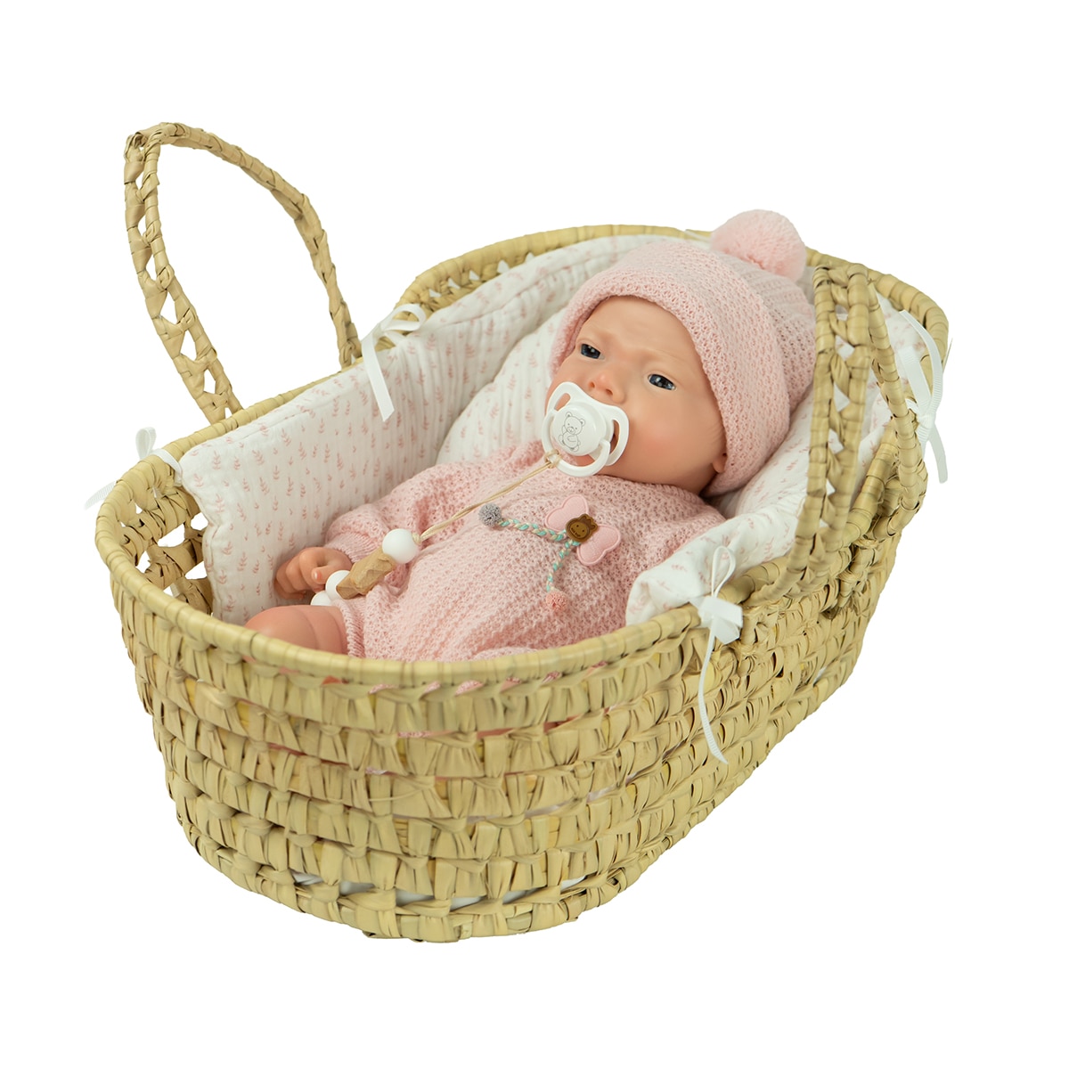 Muñeco bebés Real Reborn Silicona Niña Arlet 40 Cm con capazo mimbre, chupete, chupetero, pañal, Libro de familia y certificado de autenticidad Arias 6