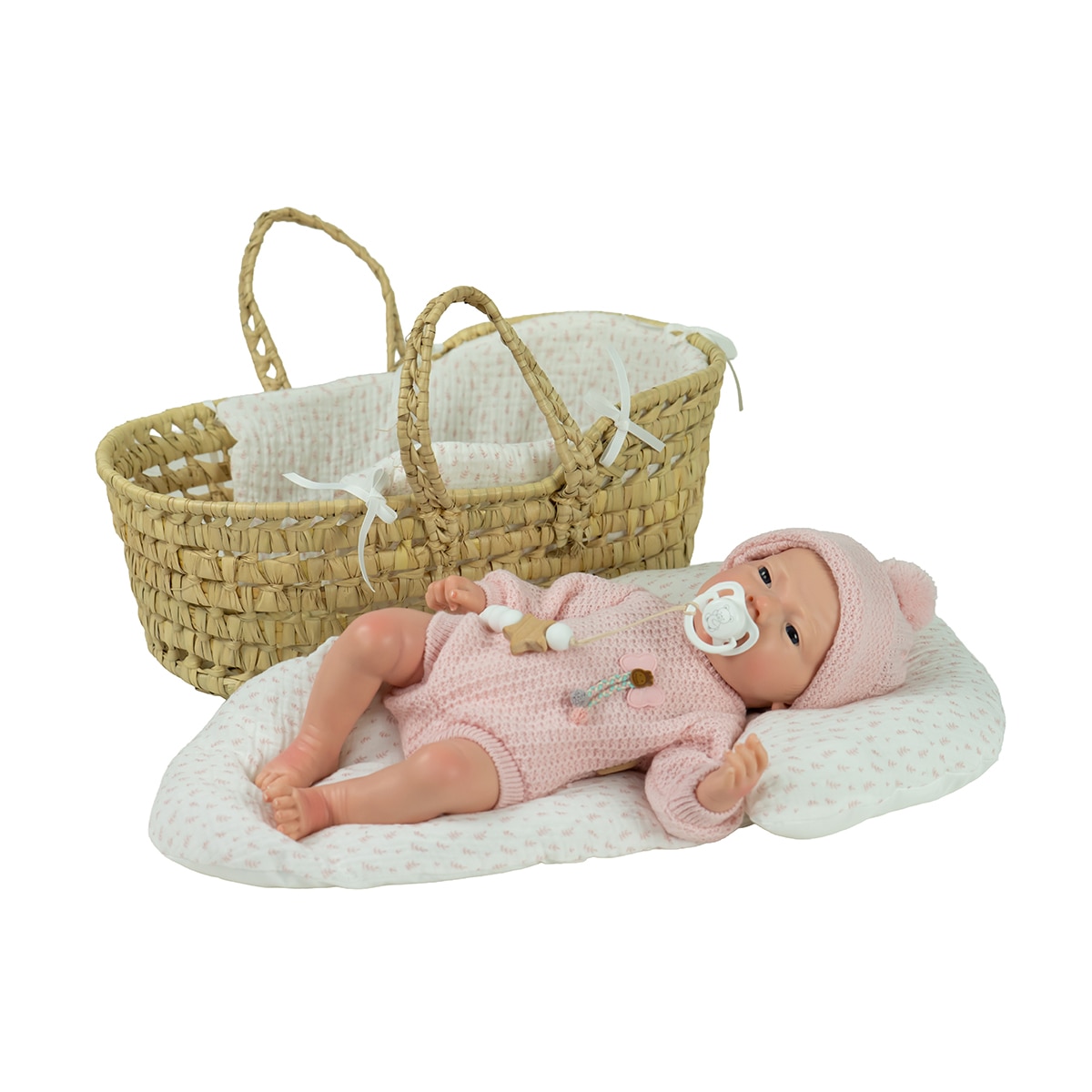 Muñeco bebés Real Reborn Silicona Niña Arlet 40 Cm con capazo mimbre, chupete, chupetero, pañal, Libro de familia y certificado de autenticidad Arias 7