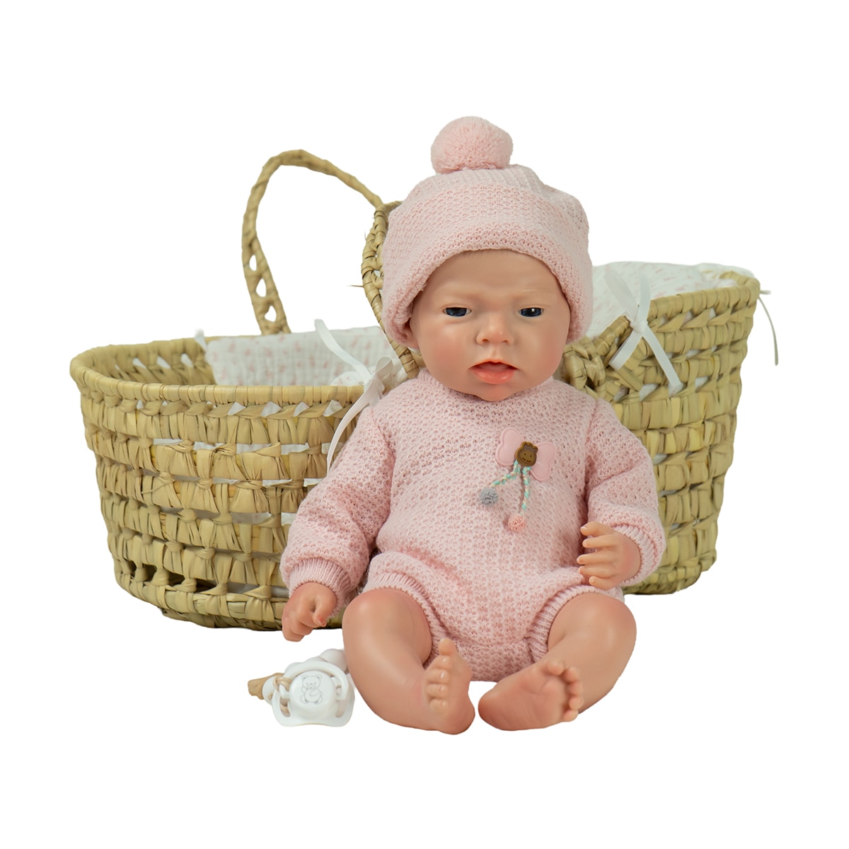 Muñeco bebés Real Reborn Silicona Niña Arlet 40 Cm con capazo mimbre, chupete, chupetero, pañal, Libro de familia y certificado de autenticidad Arias 9