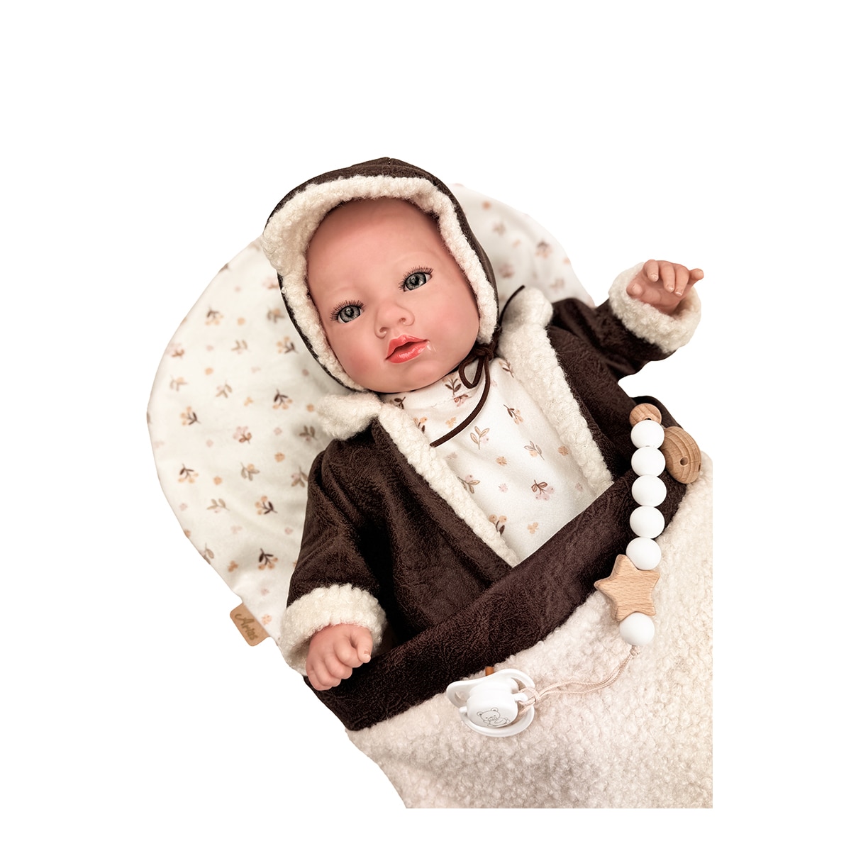 Muñeco bebés Reborn 40 Cm Bruno Exclusivo con saco portabebe, chupete, chupetero, pañal, Libro de familia y certificado de autenticidad Arias 4