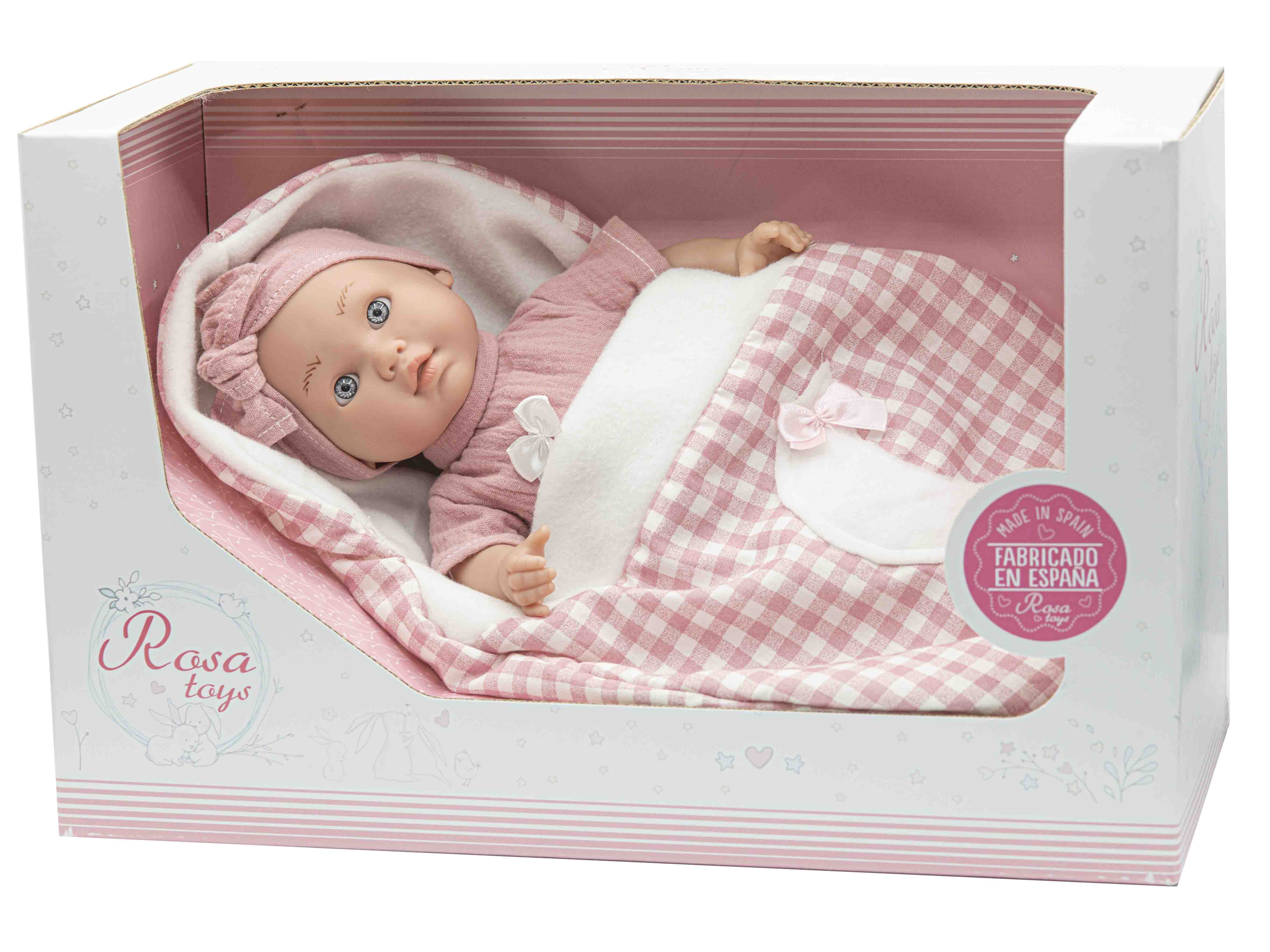 Muñeca Lara Bebé Llorón con saquito de cuadros Vichy Rosa Toys 3