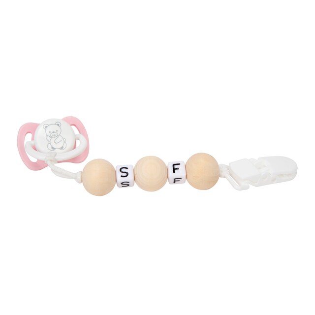Set Chupete Rosa/Blanco Con Cadena De Bolas De Madera Y Pinza Blanca