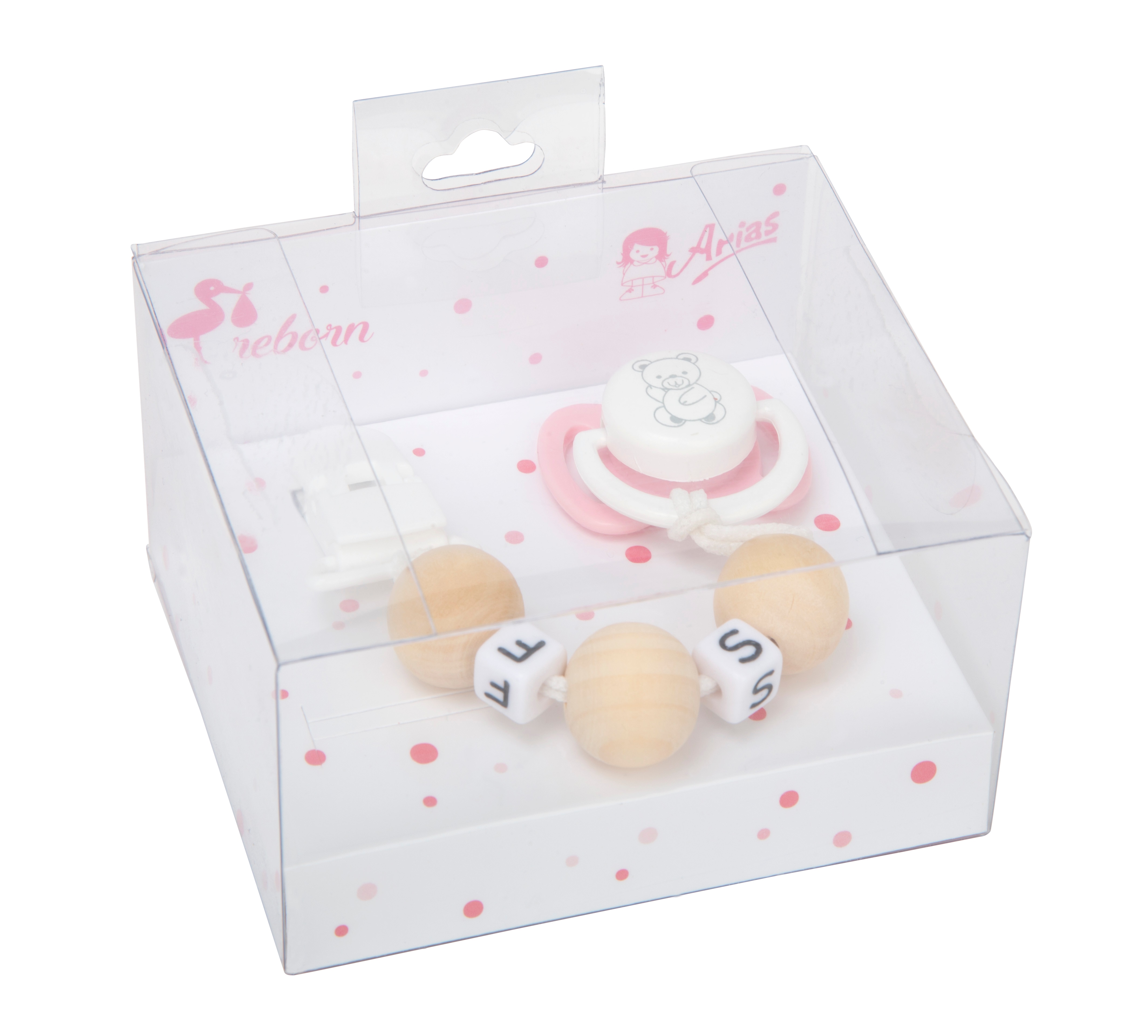 Set Chupete Rosa/Blanco Con Cadena De Bolas De Madera Y Pinza Blanca 2