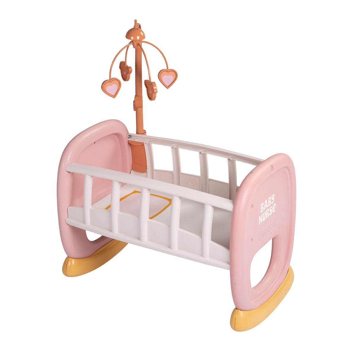 Imagen 0 de Cuna balancín Baby Nurse con un móvil de corazones y pajarillos en tonos dorados y rosa Smoby