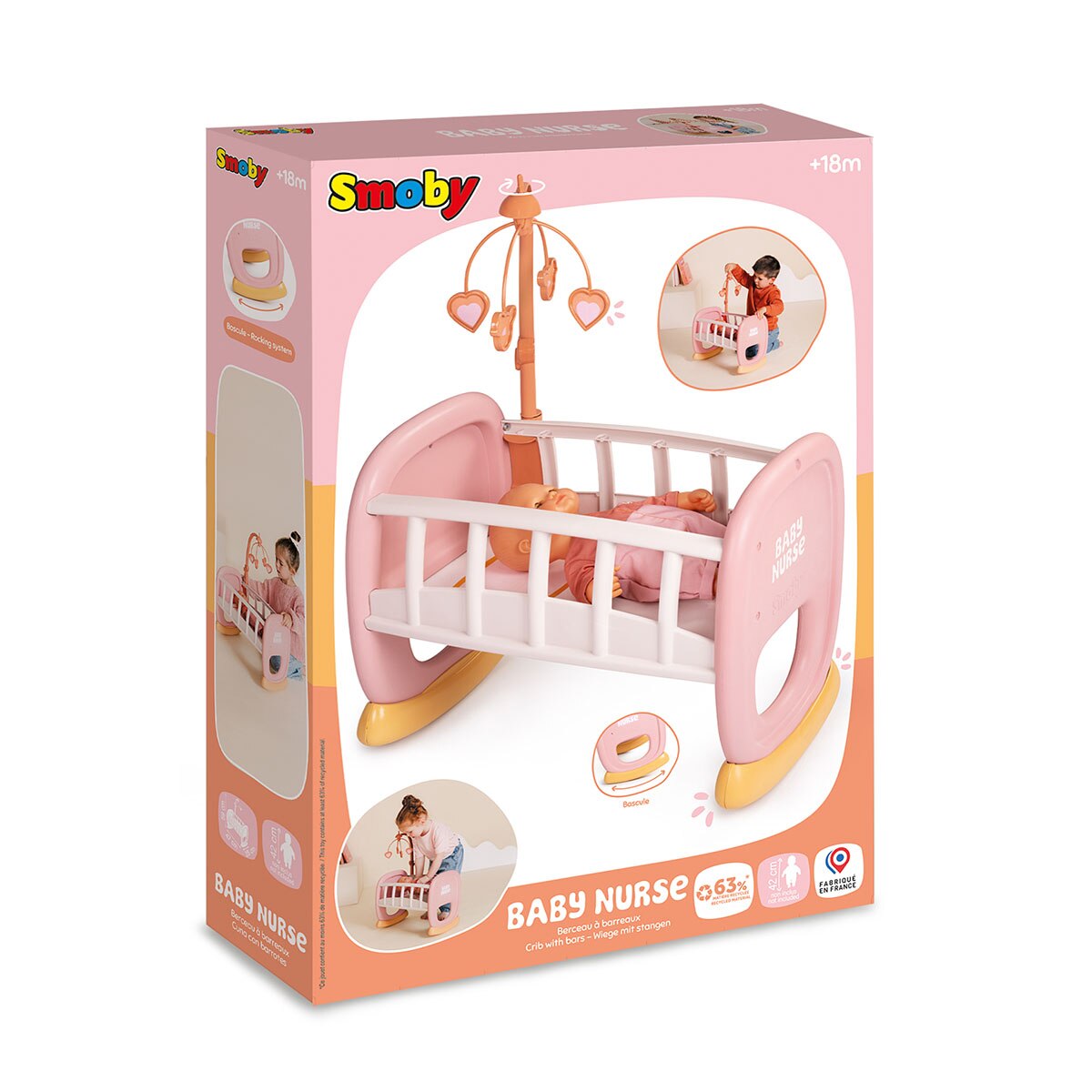 Cuna balancín Baby Nurse con un móvil de corazones y pajarillos en tonos dorados y rosa Smoby 6