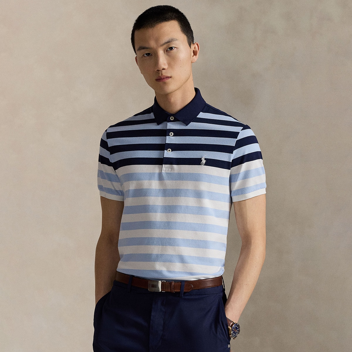 Polo de Homem em Tecido Técnico Tailored Fit Azul-1