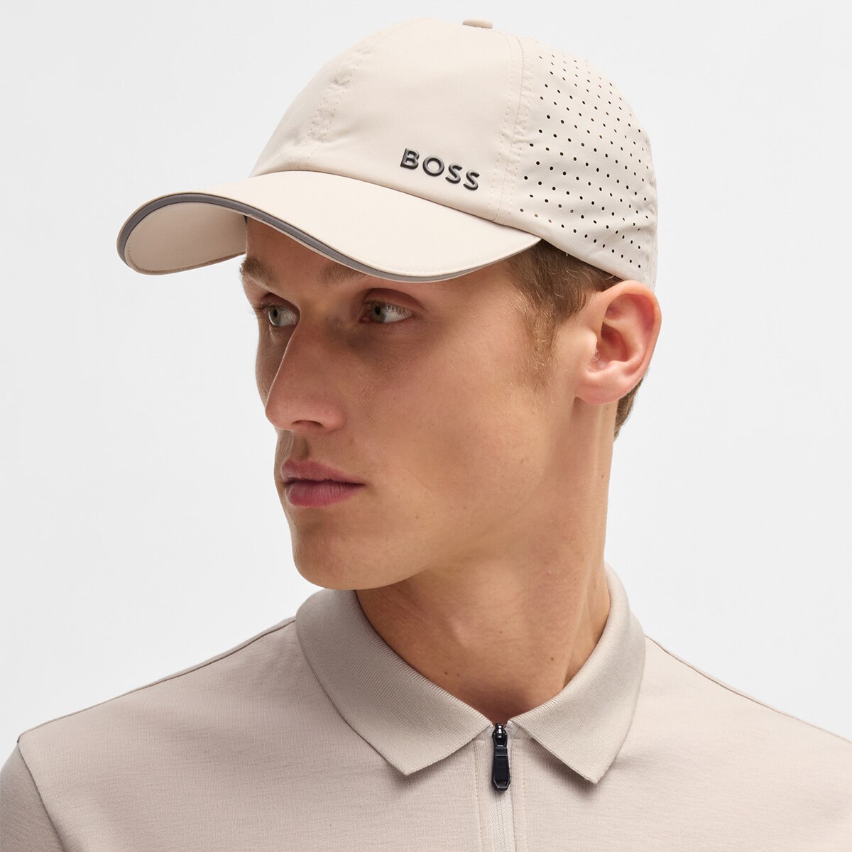 Polo Técnico de Homem com Fecho de Correr e Manga Curta Bege-3