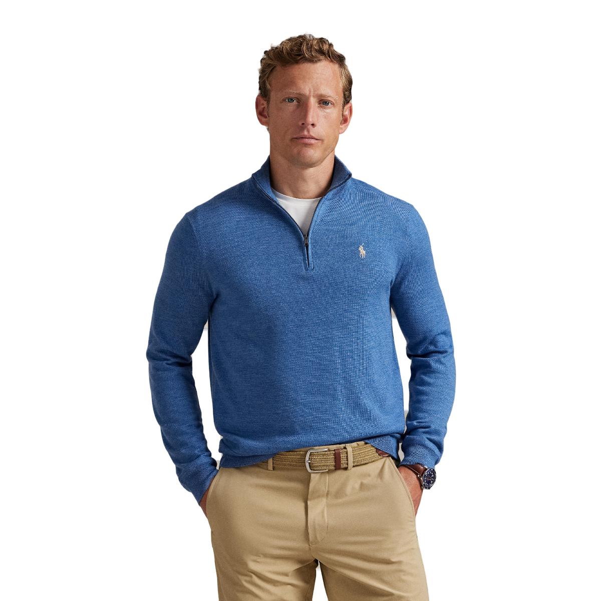 Camisola de Malha Técnica de Homem com Fecho de Correr Curto Azul-porcelana-1