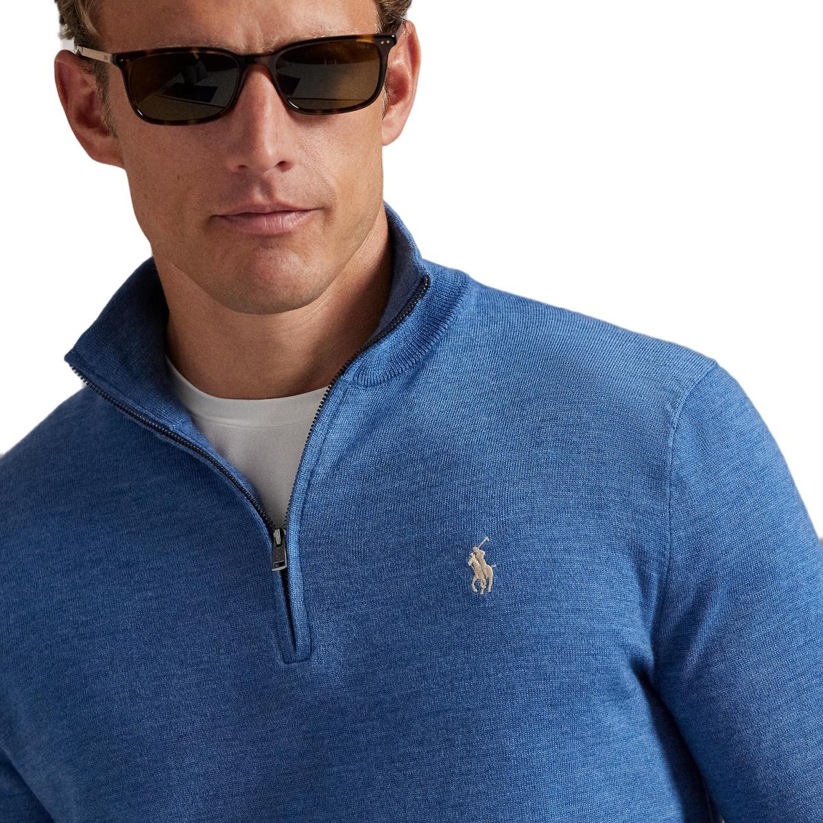 Camisola de Malha Técnica de Homem com Fecho de Correr Curto Azul-porcelana-5