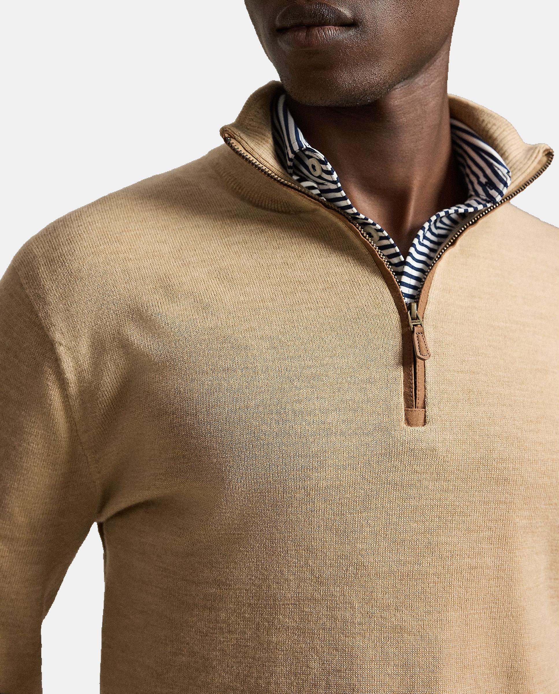 Camisola de Malha de Lã de Homem com Meio Fecho de Correr Bege-5