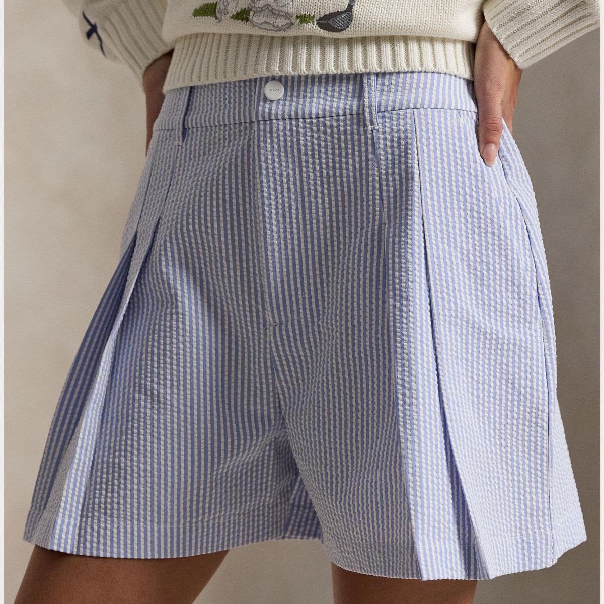 Calções de Mulher em Piqué Elástico com Pinças Branco / Azul-4