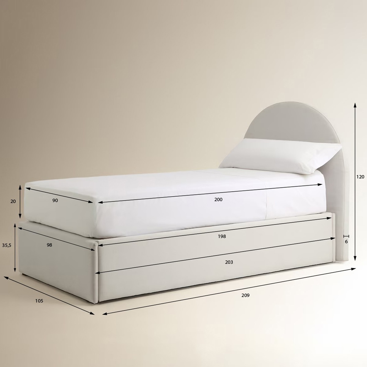 Imagen 4 de Cama individual tapizada con almacenaje Gala - Beige 209 x 105 x 120 cm Beige