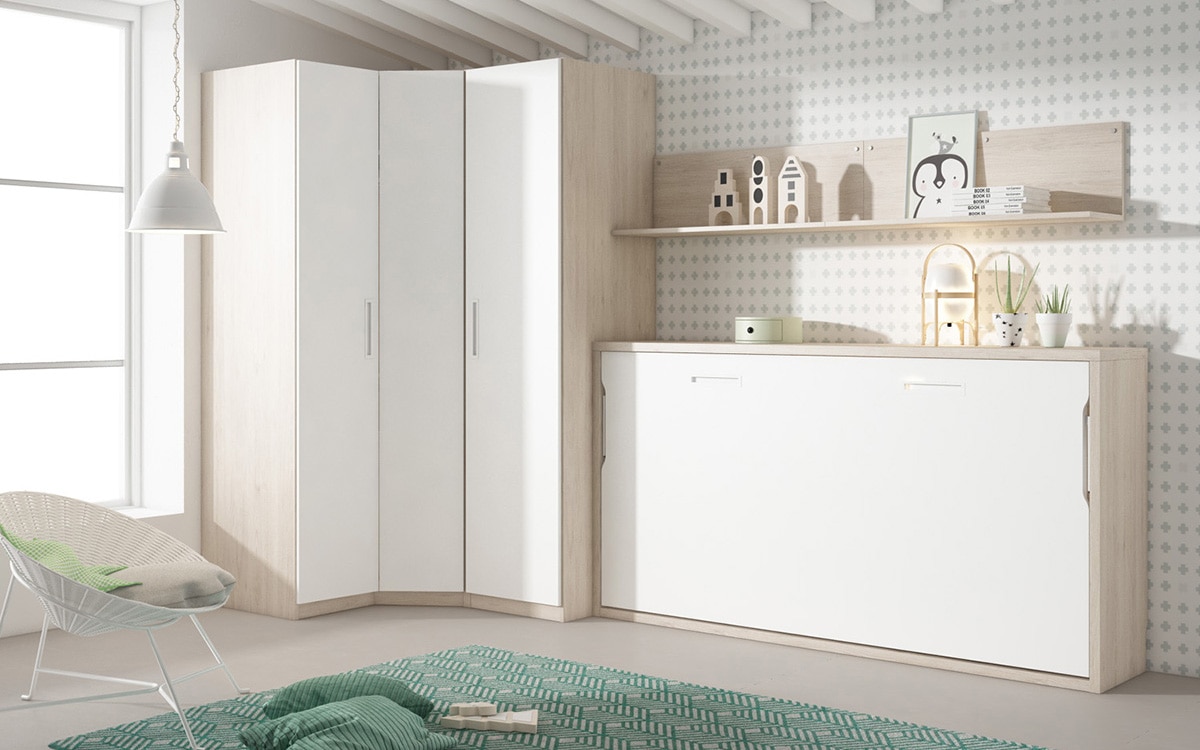 Quarto juvenil com cama rebatível horizontal cor de areia/branco Mio 1
