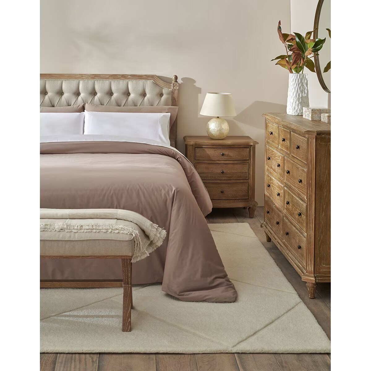 Cabeceira Dupla de Carvalho e Estofado Capitonê em Linho Provenza Carvalho envelhecido-5