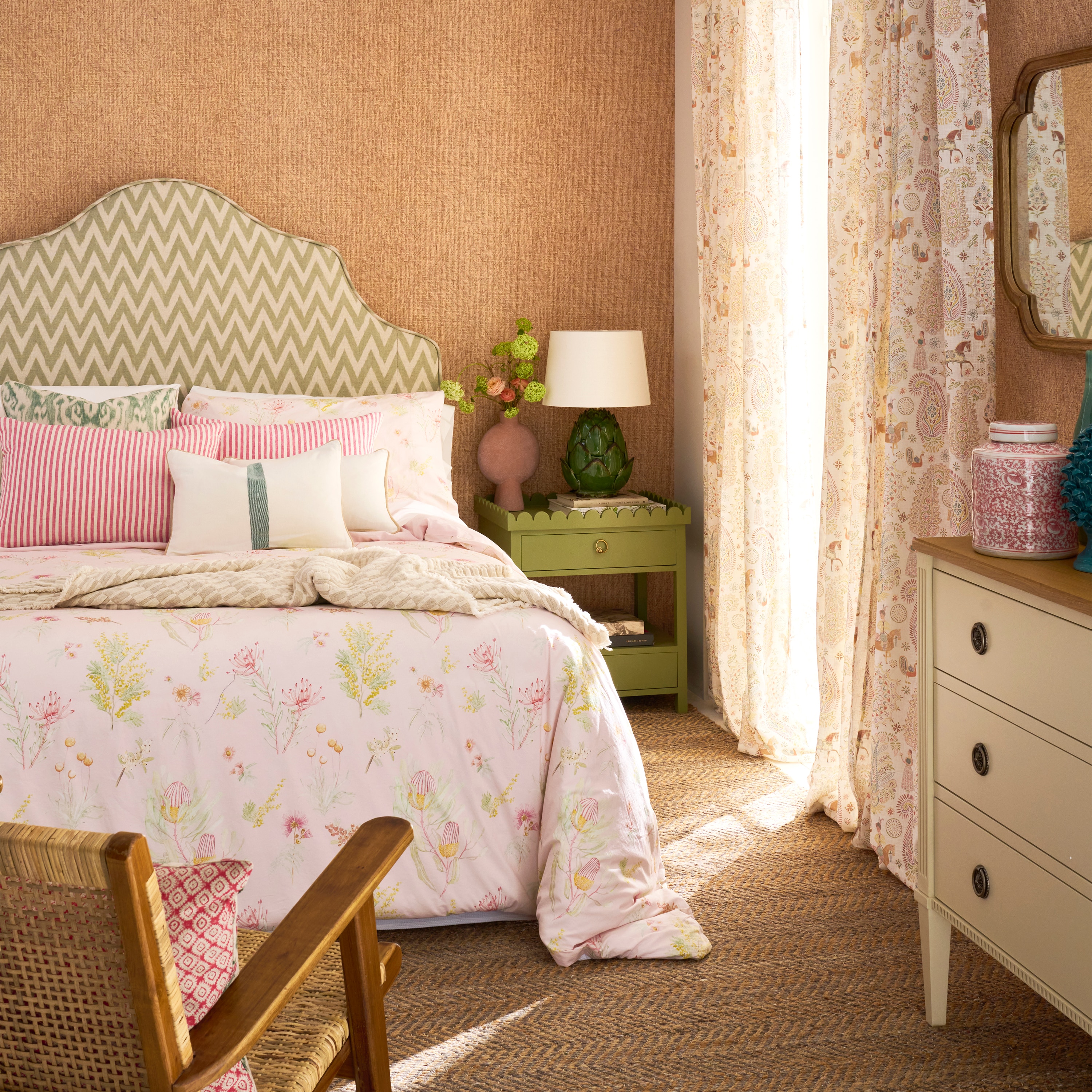 Cabeceira Dupla Estofada Zig Zag Arrow Ikat / Verde-3