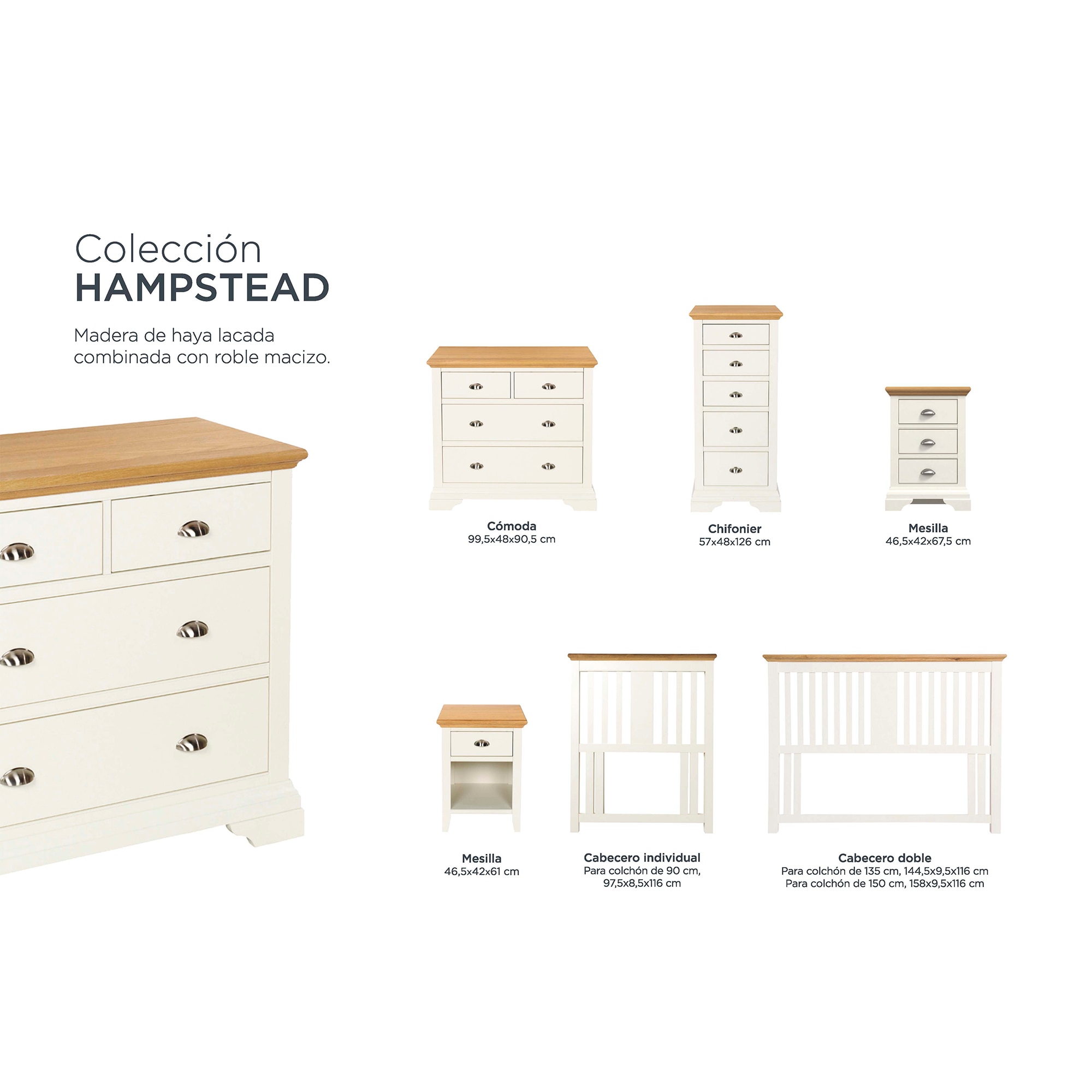 Mesita de noche de madera de roble con cajón Hampstead EL Corte Inglés - Blanco roto/Roble Blanco roto/Roble-9