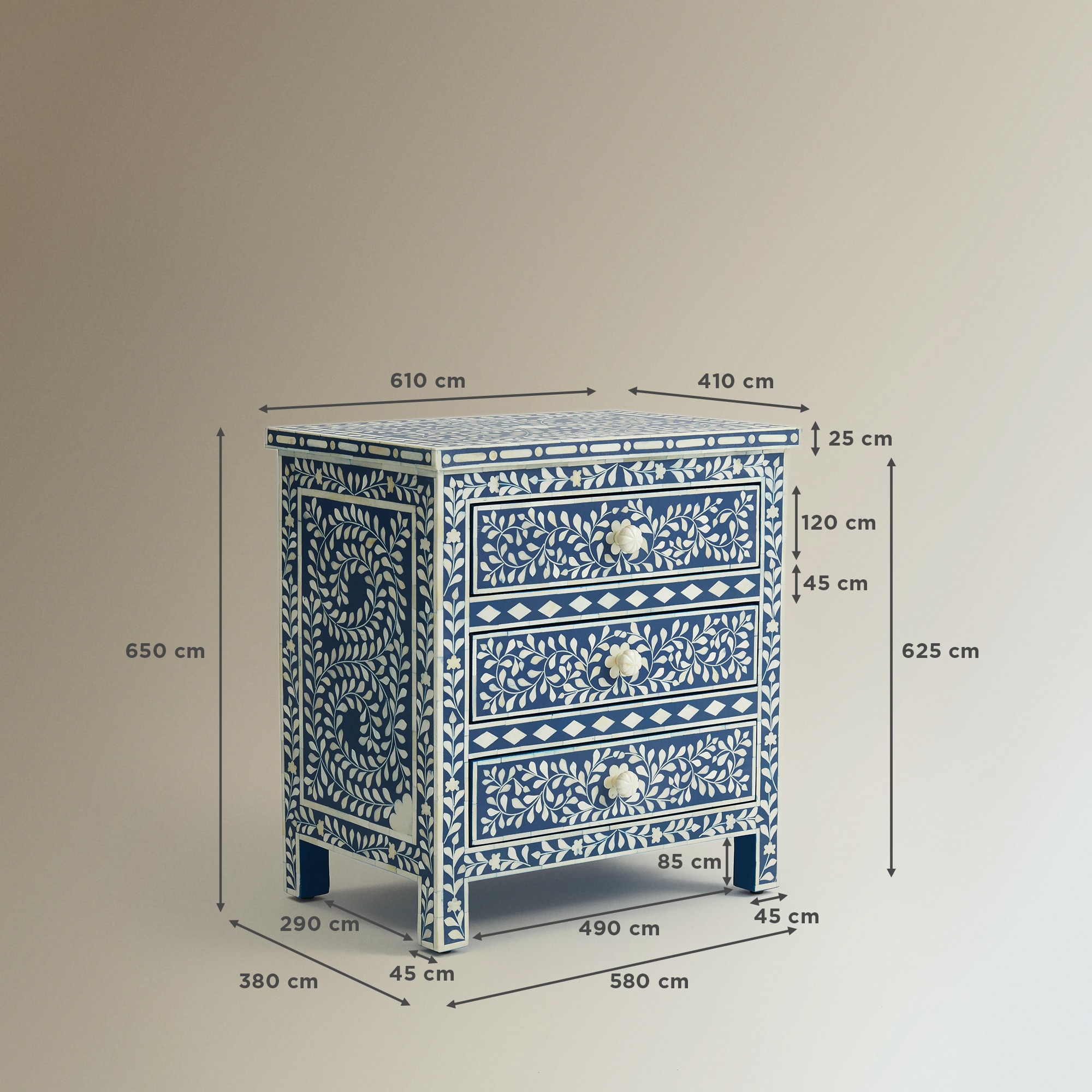 Mesa Auxiliar de Madeira e Osso com 3 Gavetas Kerala Azul-11
