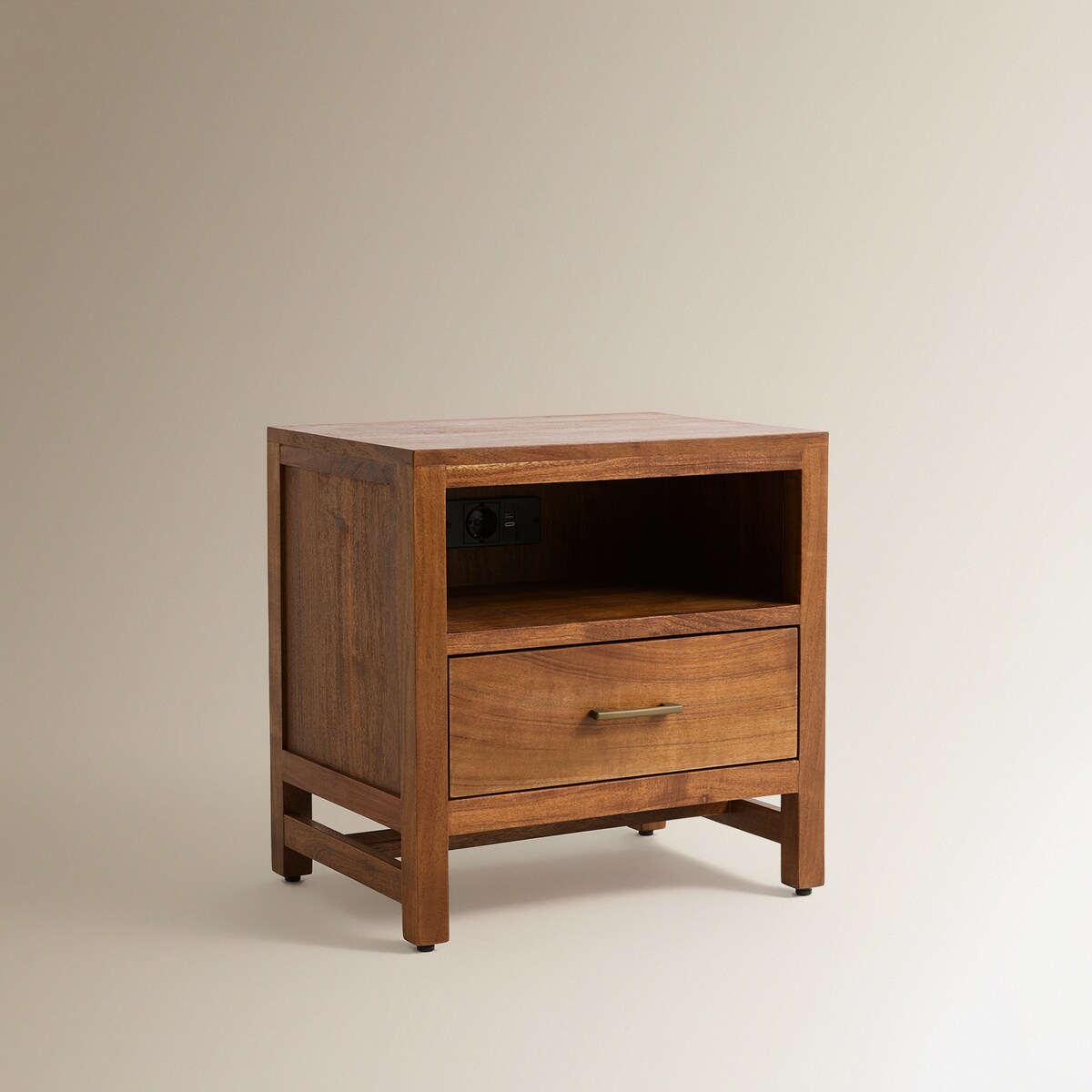 Mesa de Cabeceira de Madeira de Acácia com 1 Gaveta Nogueira-2