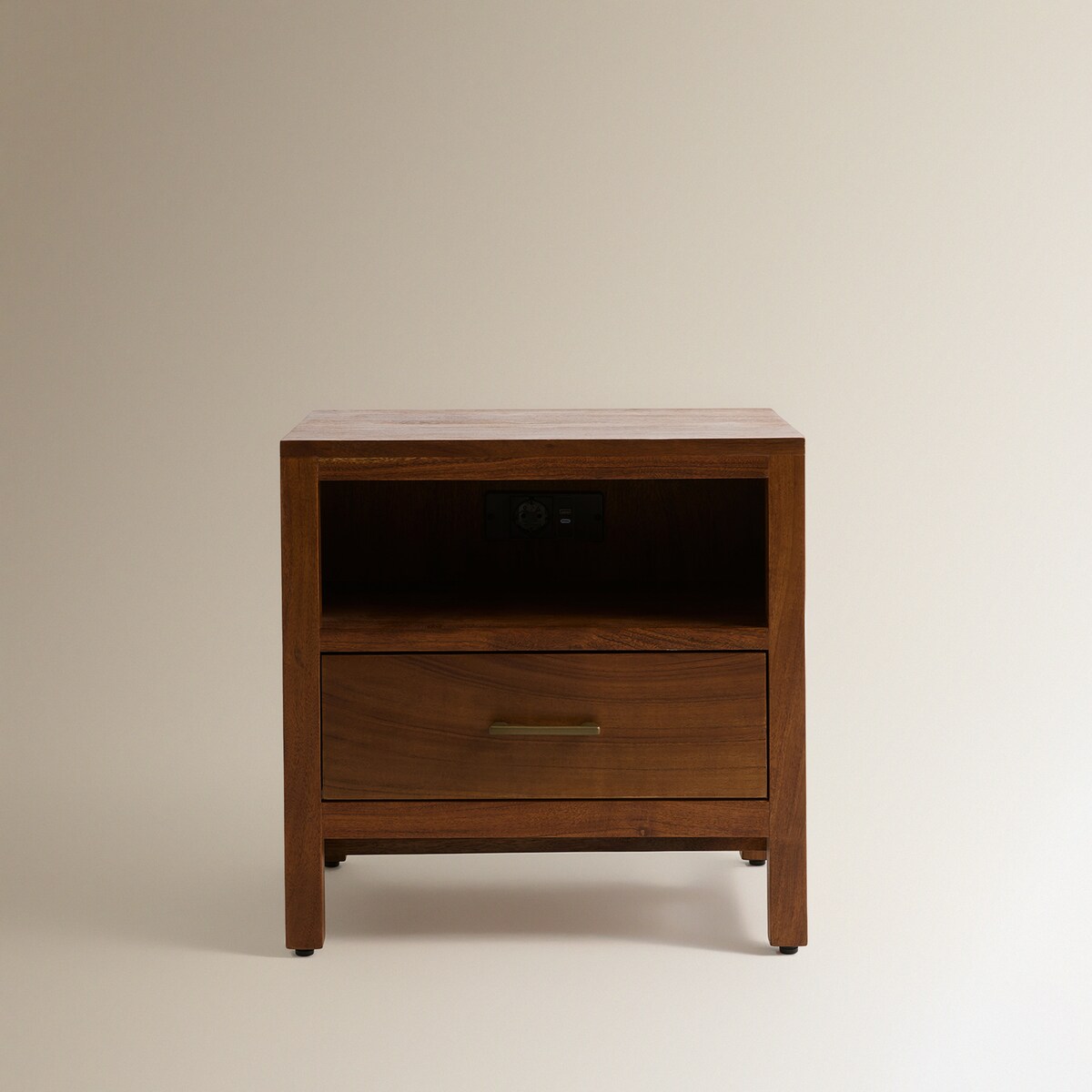 Mesa de Cabeceira de Madeira de Acácia com 1 Gaveta Nogueira-3