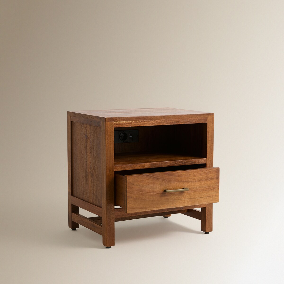 Mesa de Cabeceira de Madeira de Acácia com 1 Gaveta Nogueira-5