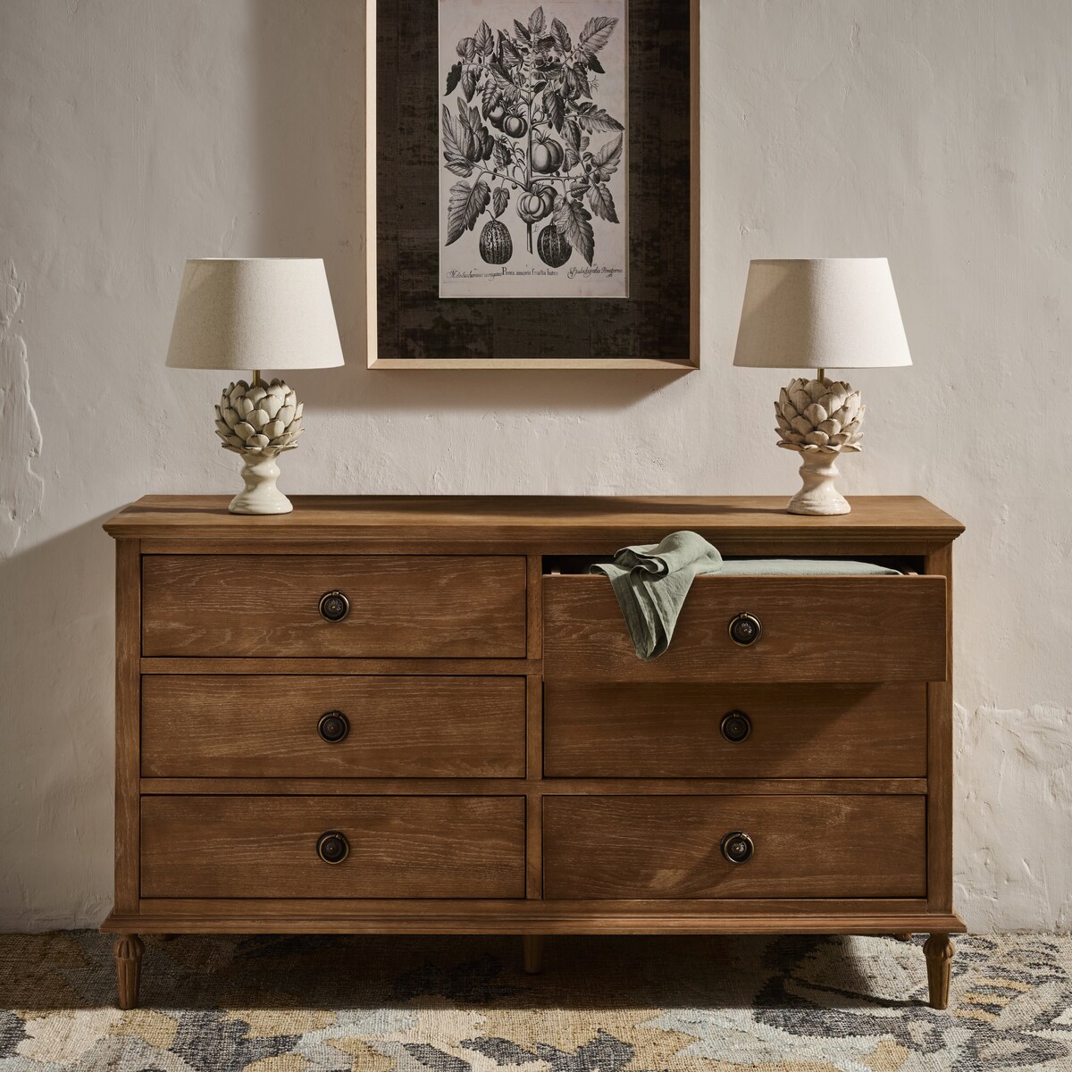 Cómoda de madera de roble con 6 cajones Vintage Roble envejecido-10