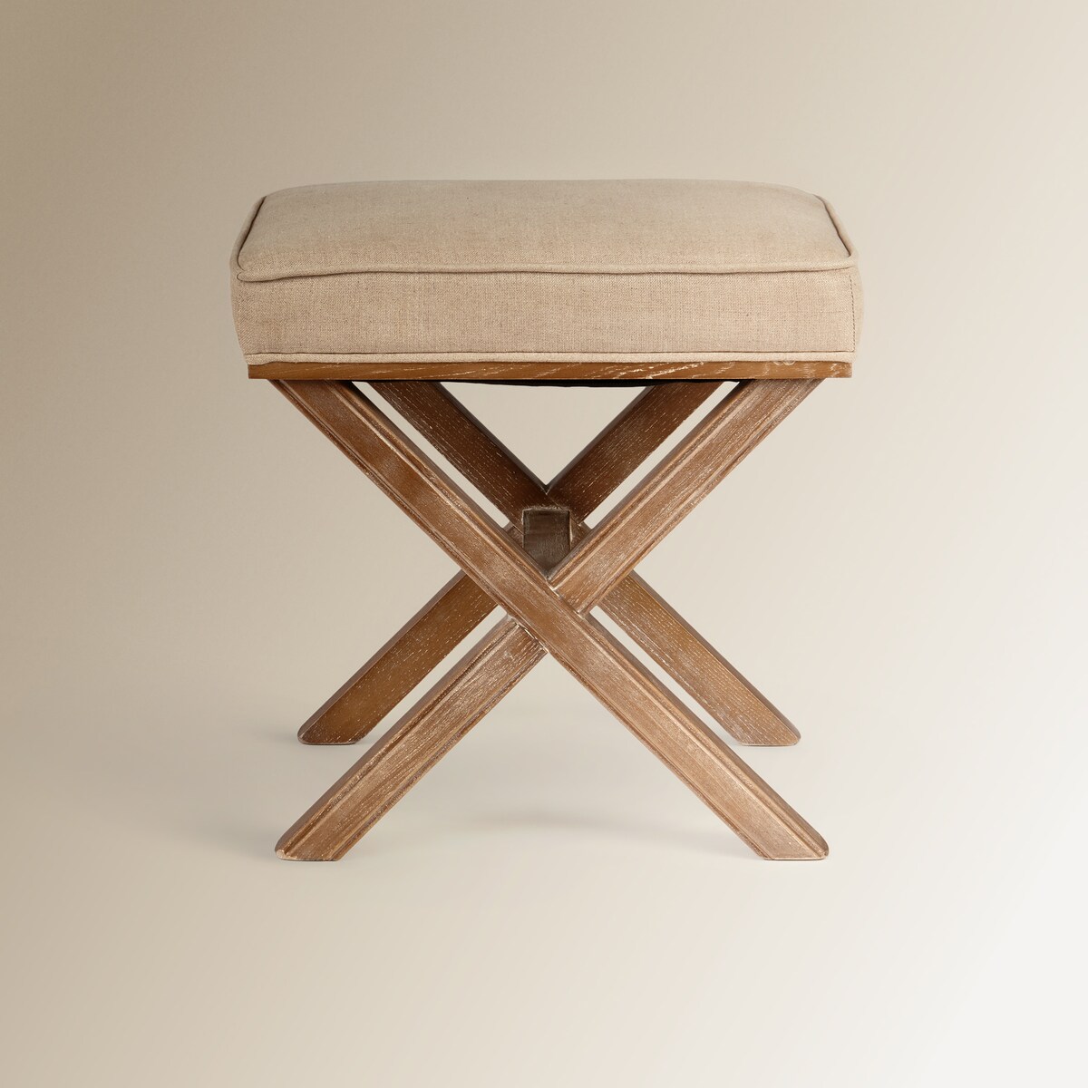 Banco Quadrado de Carvalho e Estofado em Linho Vintage Carvalho envelhecido-3