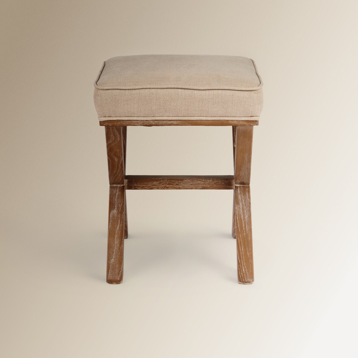 Banco Quadrado de Carvalho e Estofado em Linho Vintage Carvalho envelhecido-4