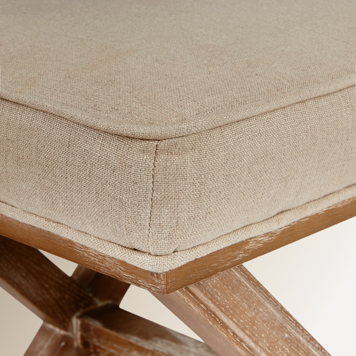 Banco Quadrado de Carvalho e Estofado em Linho Vintage Carvalho envelhecido-5