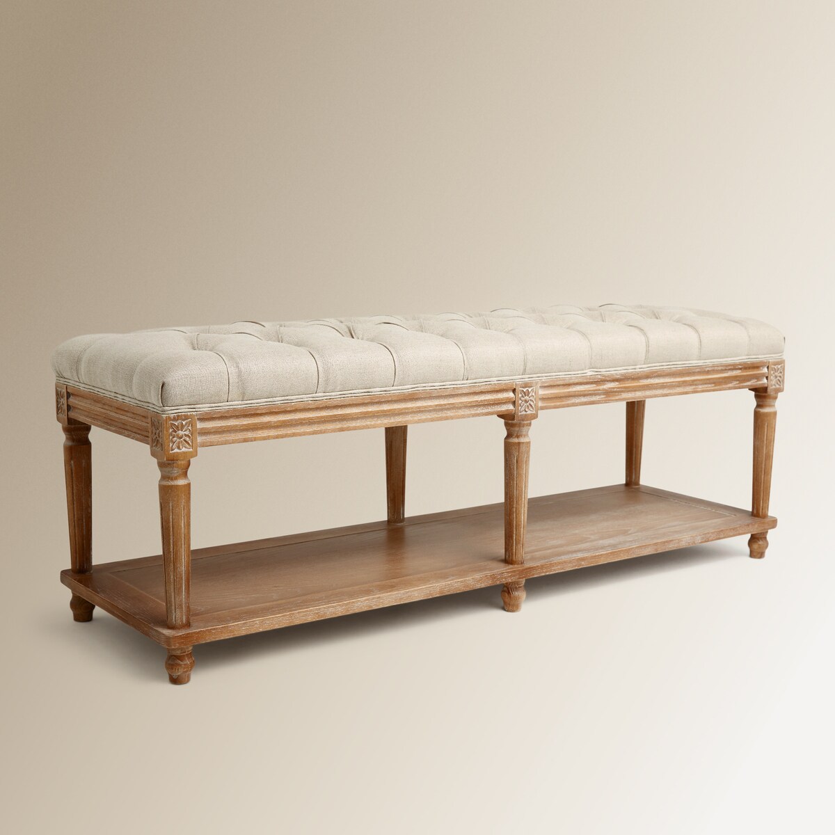 Banco de madera de roble tapizado capitoné en lino Provenza Roble envejecido-2