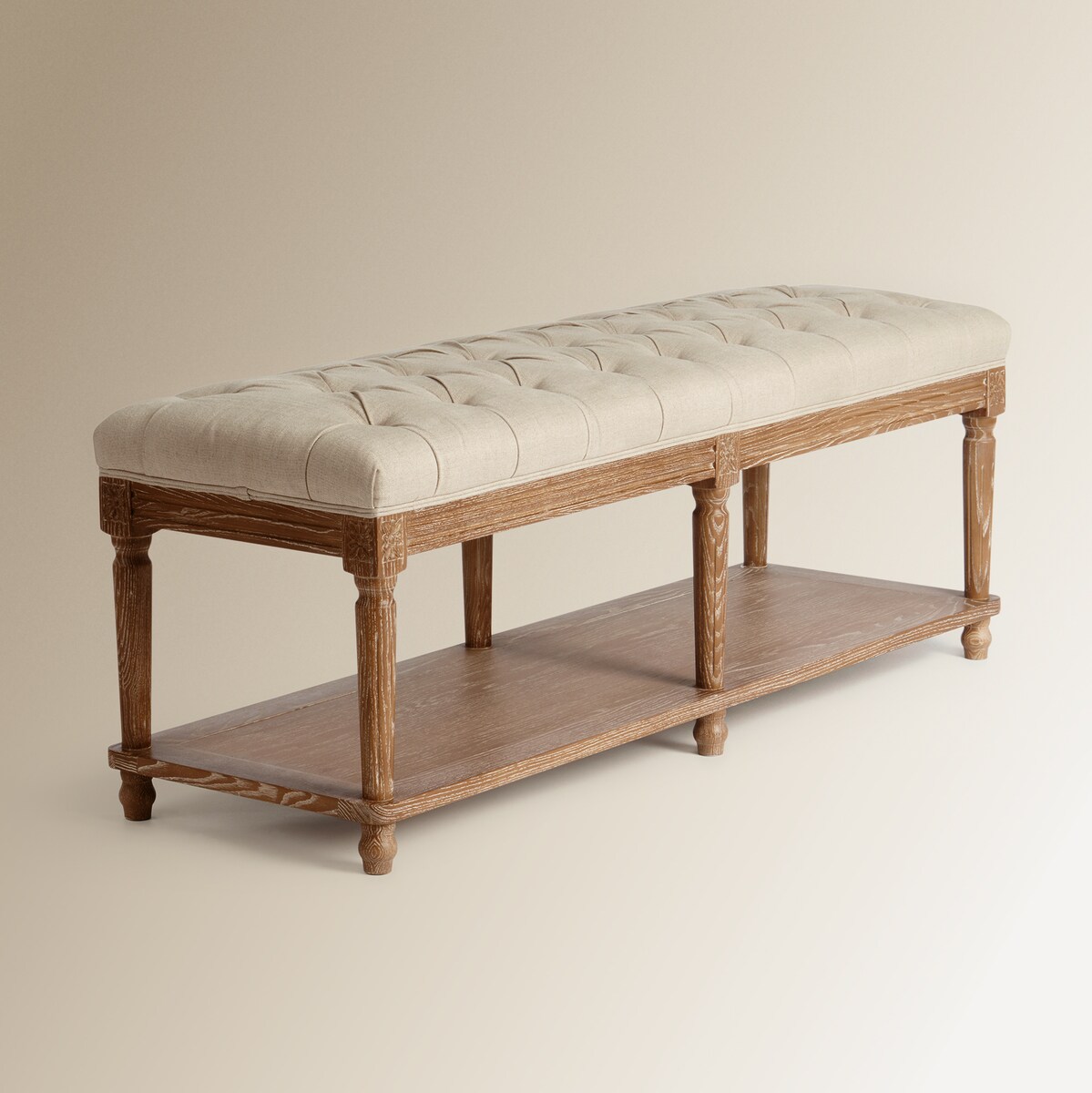 Banco de madera de roble tapizado capitoné en lino Provenza Roble envejecido-3