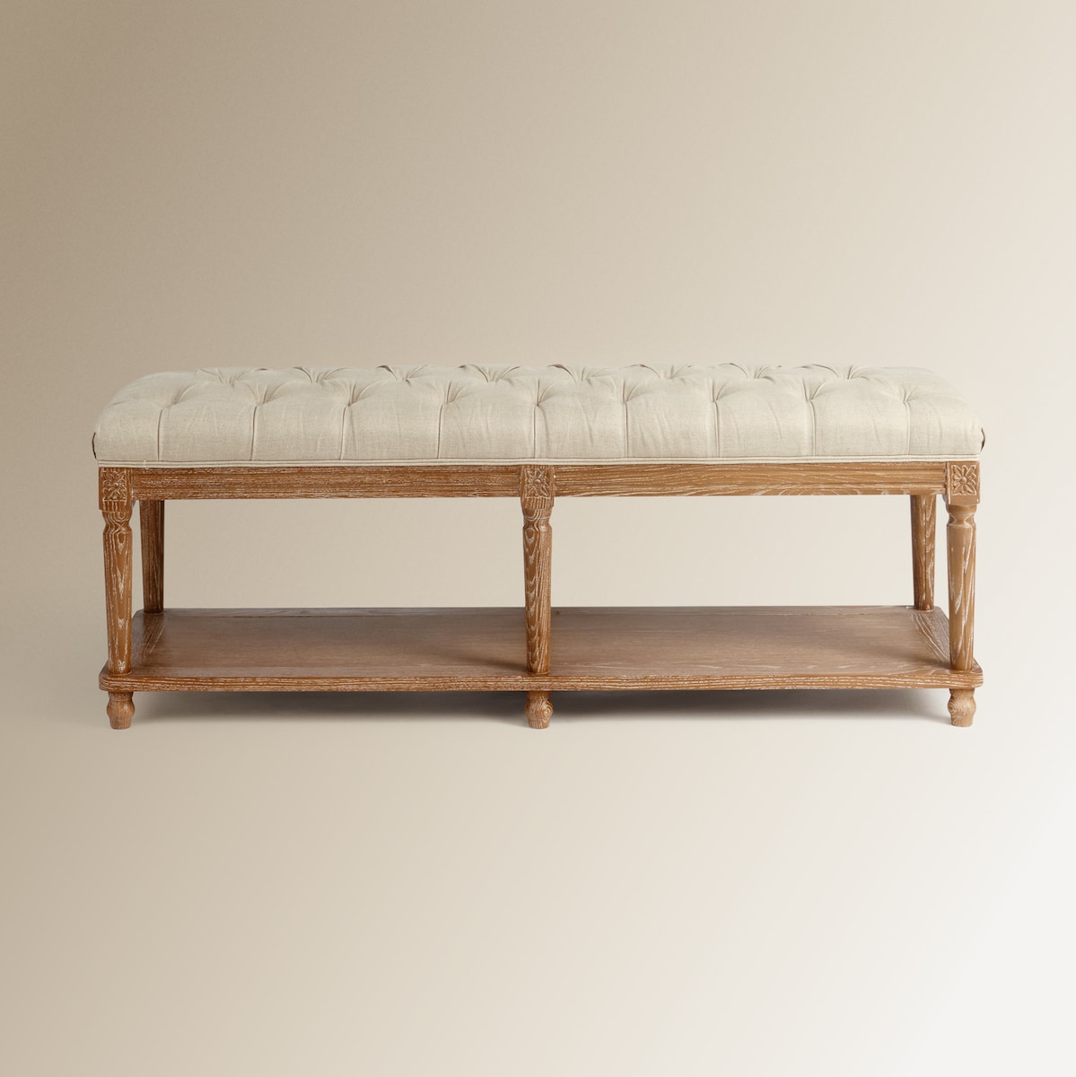 Banco de madera de roble tapizado capitoné en lino Provenza Roble envejecido-4