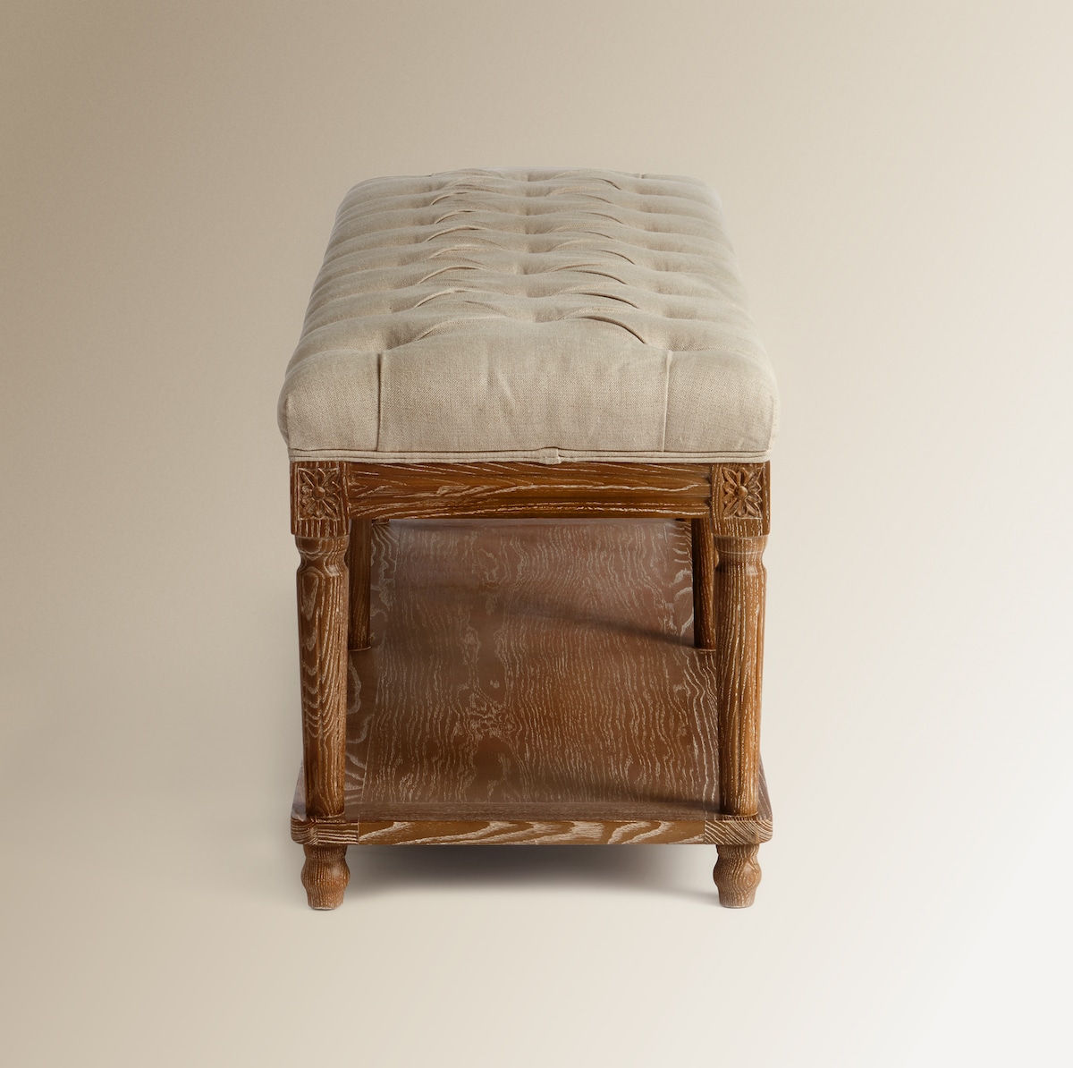 Banco de madera de roble tapizado capitoné en lino Provenza Roble envejecido-5