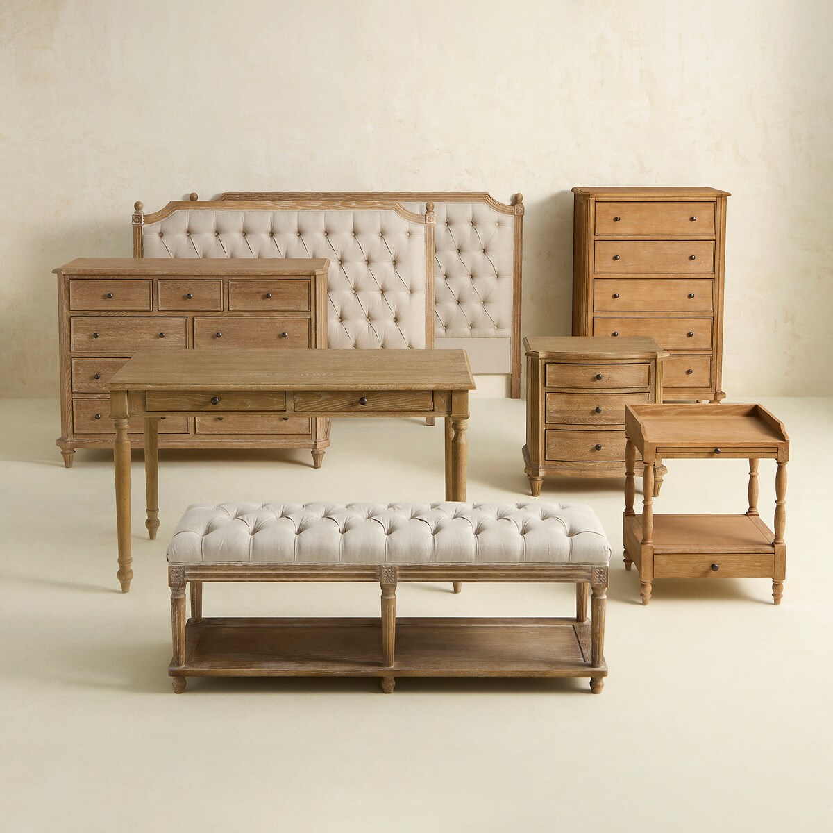 Banco de madera de roble tapizado capitoné en lino Provenza Roble envejecido-9