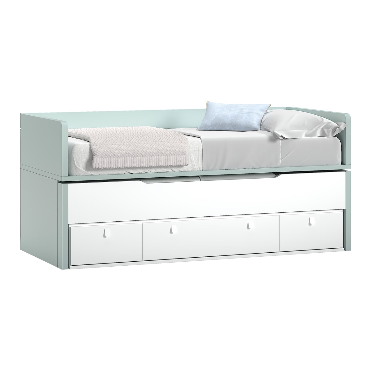 Cama com Gavetão Oculto com 3 Gavetas e Cabeceiras Altas Robin Branco / Azul-1