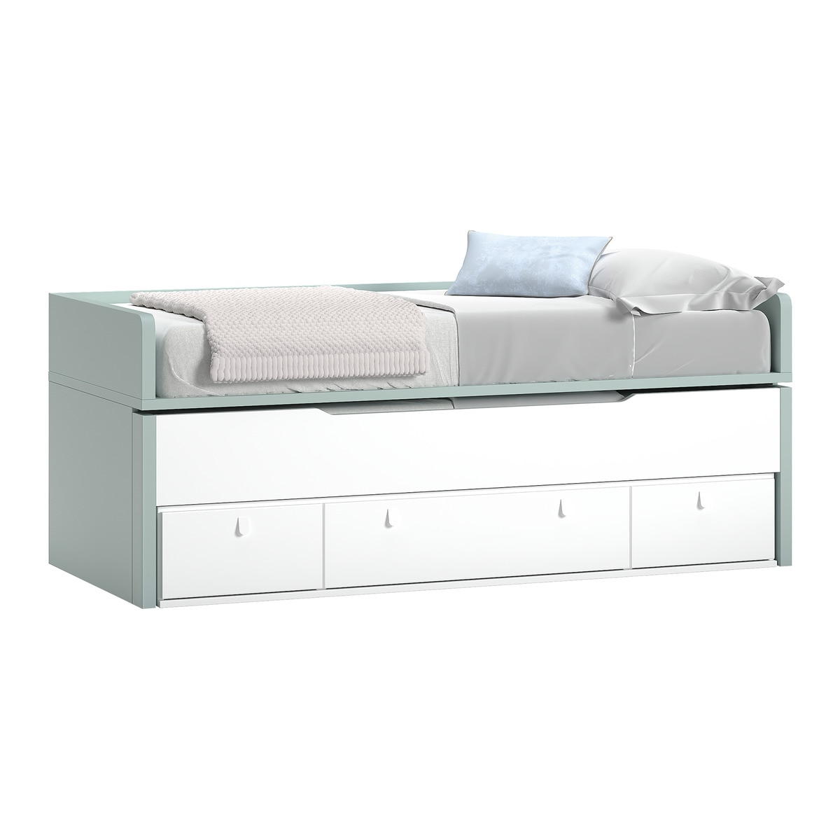 Cama com Gavetão Oculto com 3 Gavetas e Cabeceiras Baixas Robin Branco / Azul-1