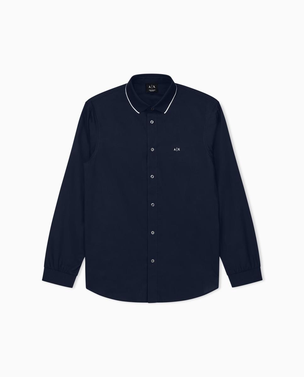Camisa de Popelina com Colarinho de Malha Azul-marinho-3
