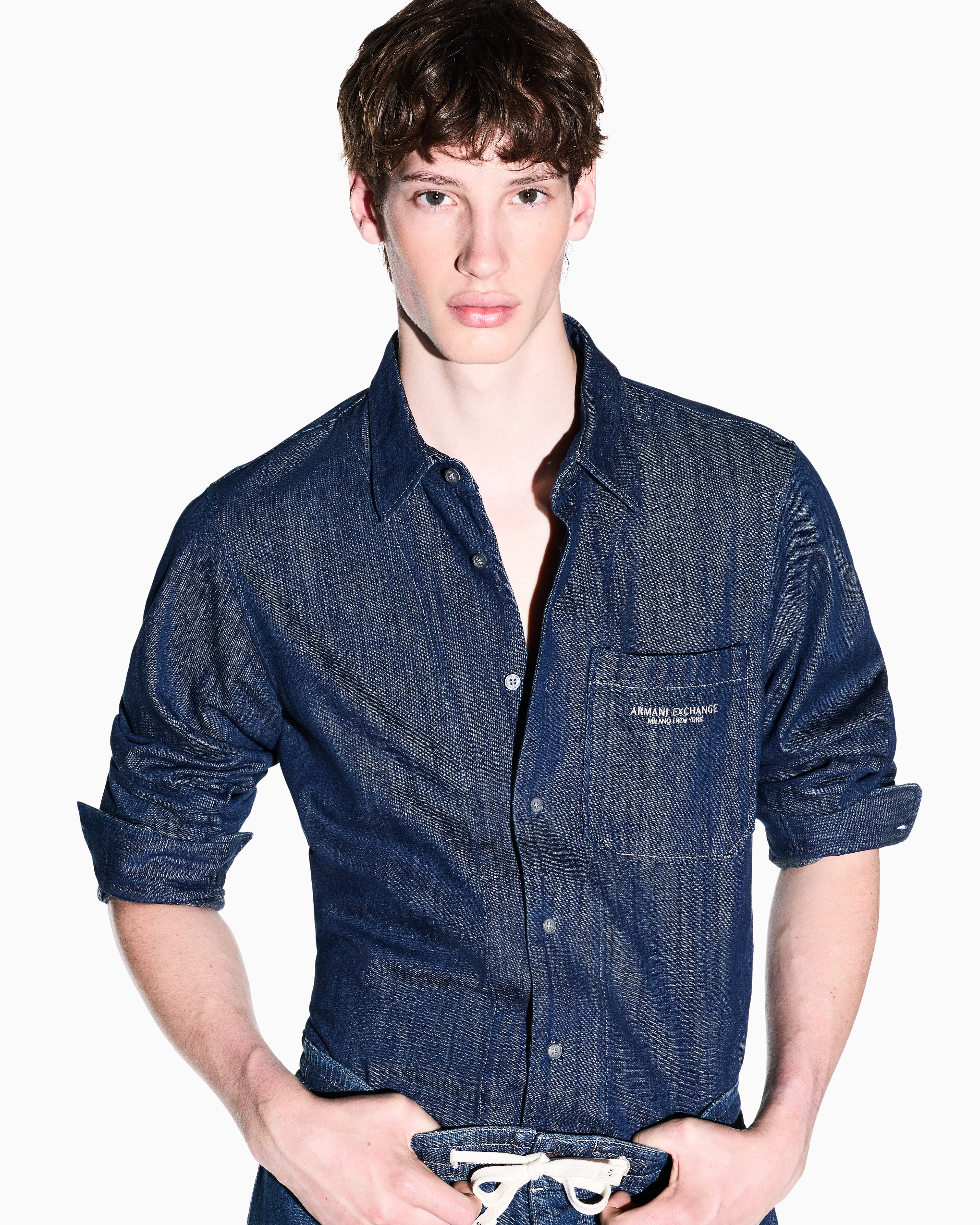 Camisa de Ganga com Bolsos Grandes e Logótipo Azul-índigo-3
