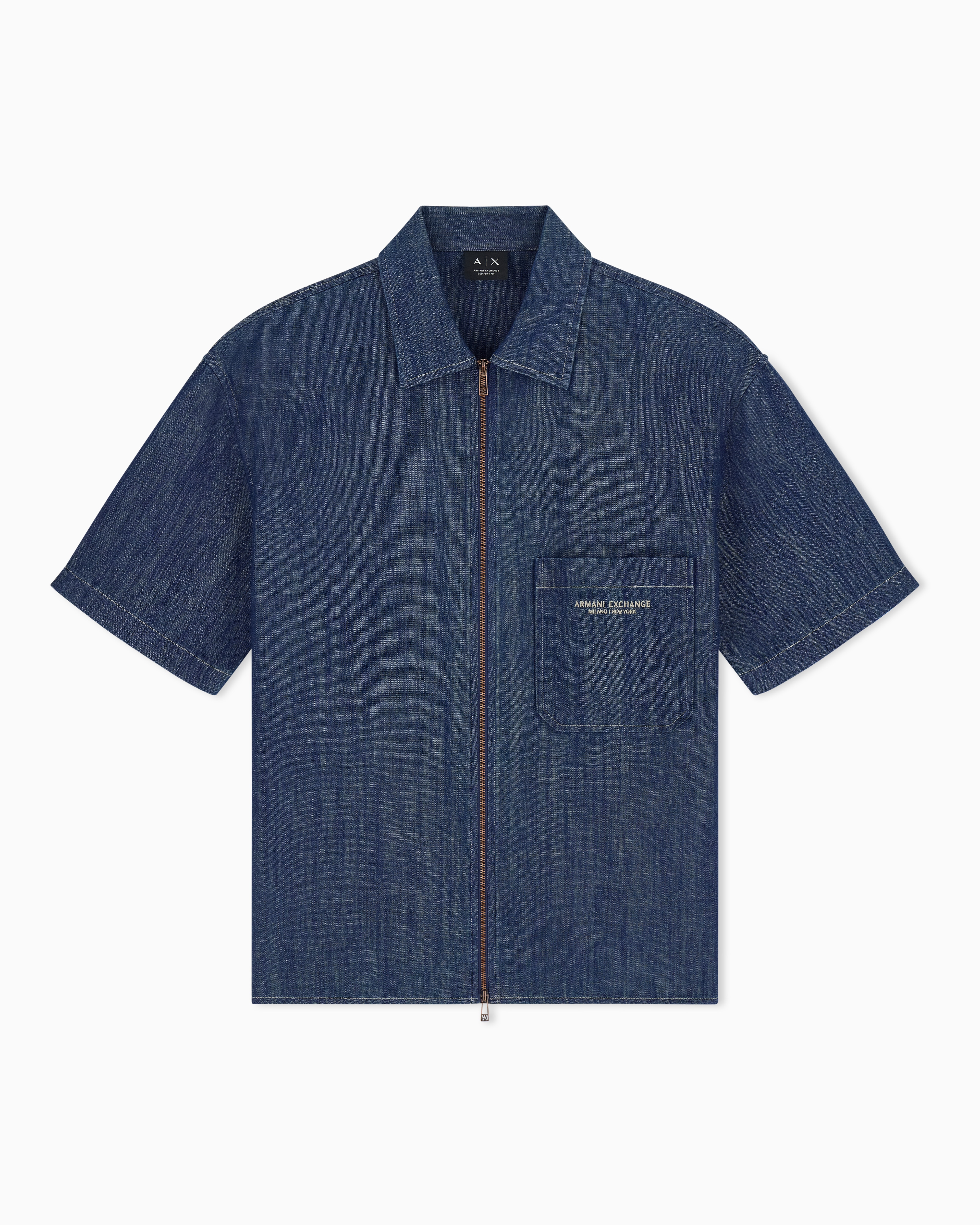 Camisa de Ganga com Manga Curta com Fecho de Correr Azul-índigo-2