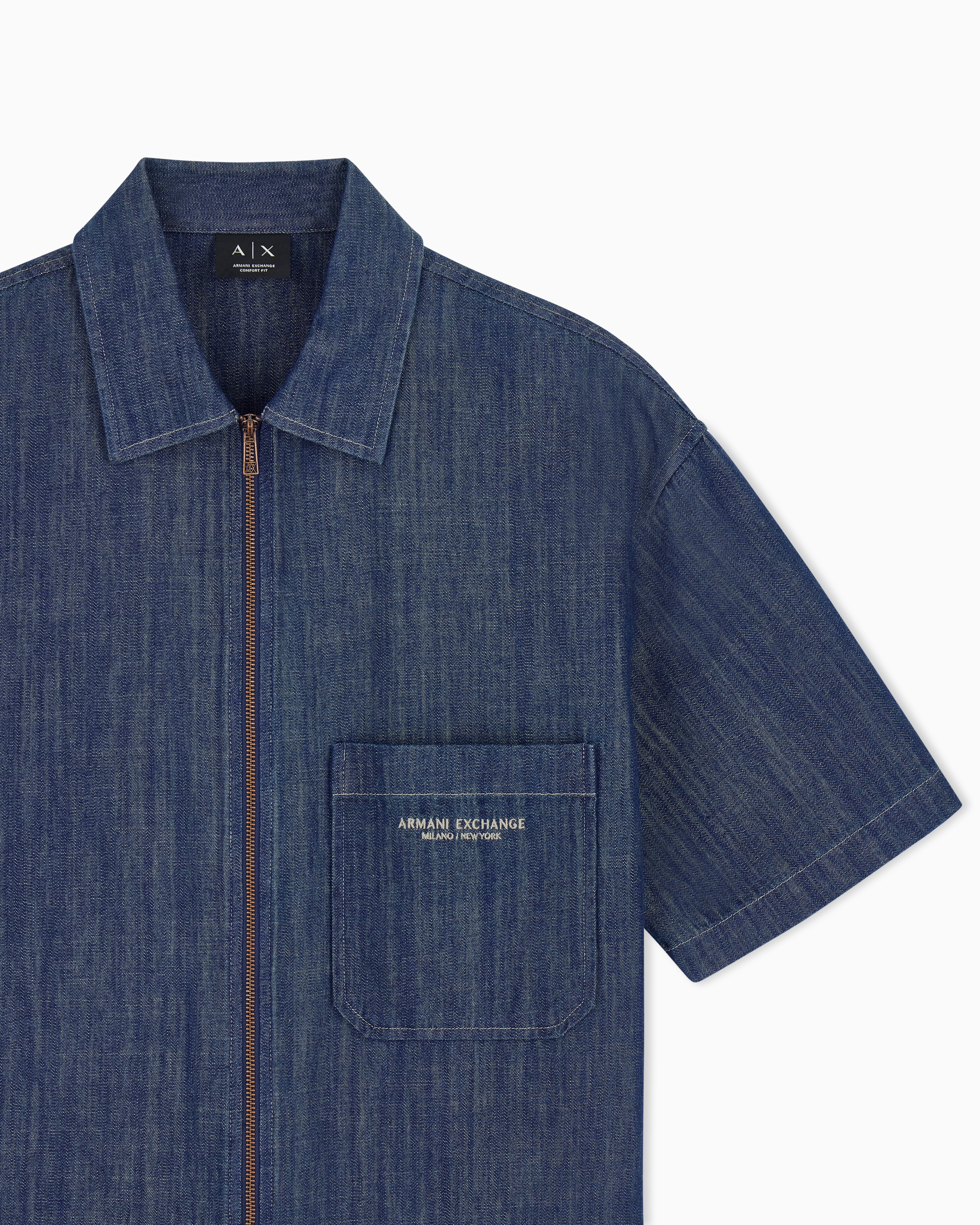 Camisa de Ganga com Manga Curta com Fecho de Correr Azul-índigo-4