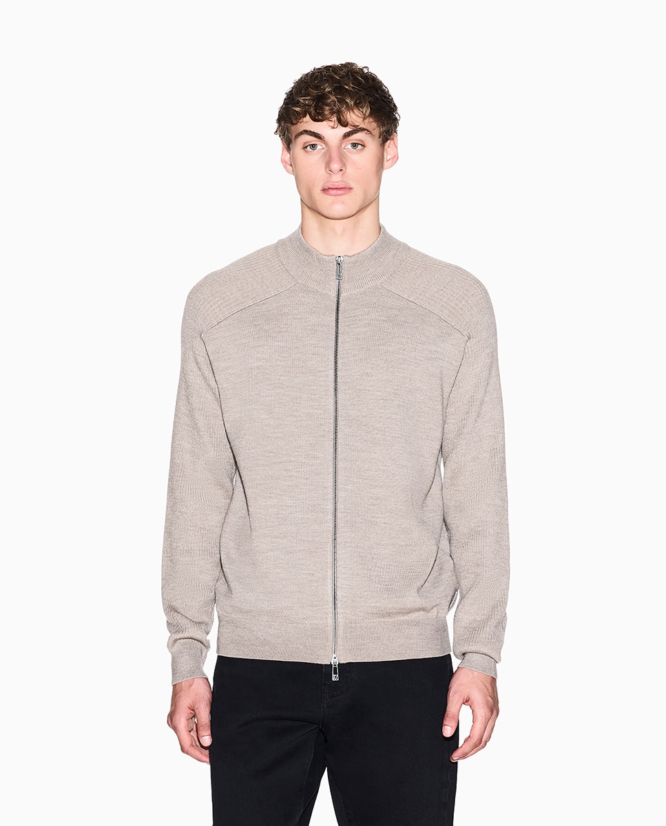 Cardigan com Fecho de Correr e Gola Alta Bege-1