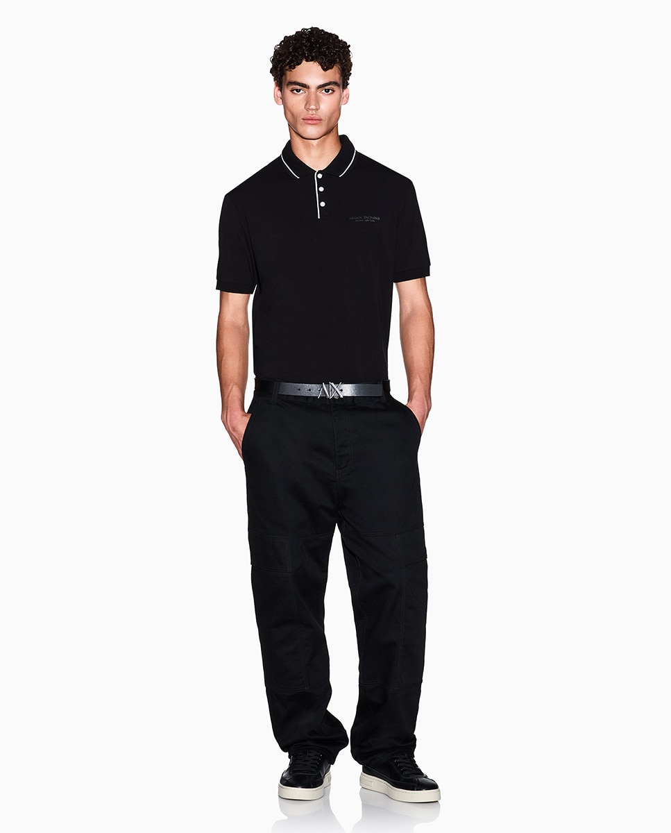 Polo de Algodão Elástico com Manga Curta e Logótipo a Condizer Preto-5