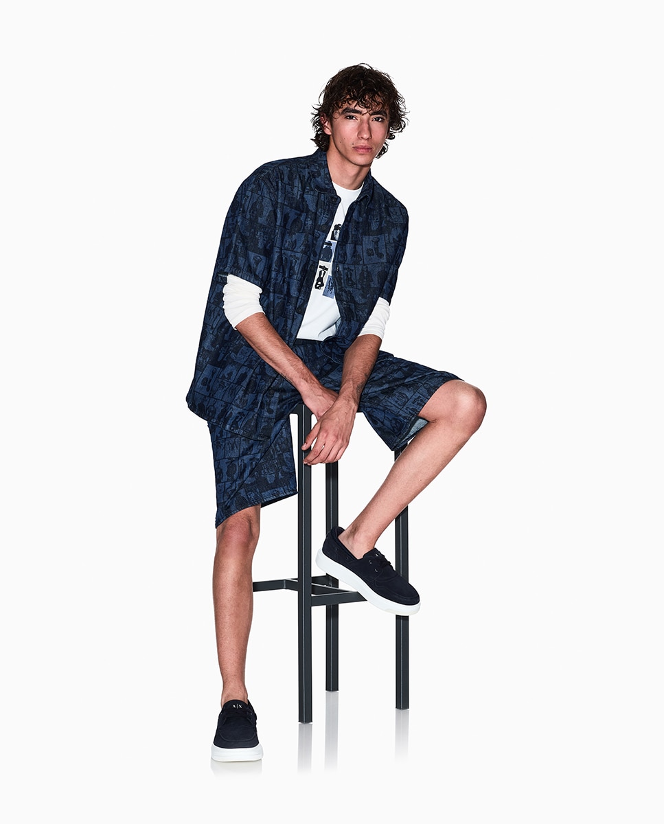 Camisa de Ganga Estampada Boxy Fit Azul-índigo-1