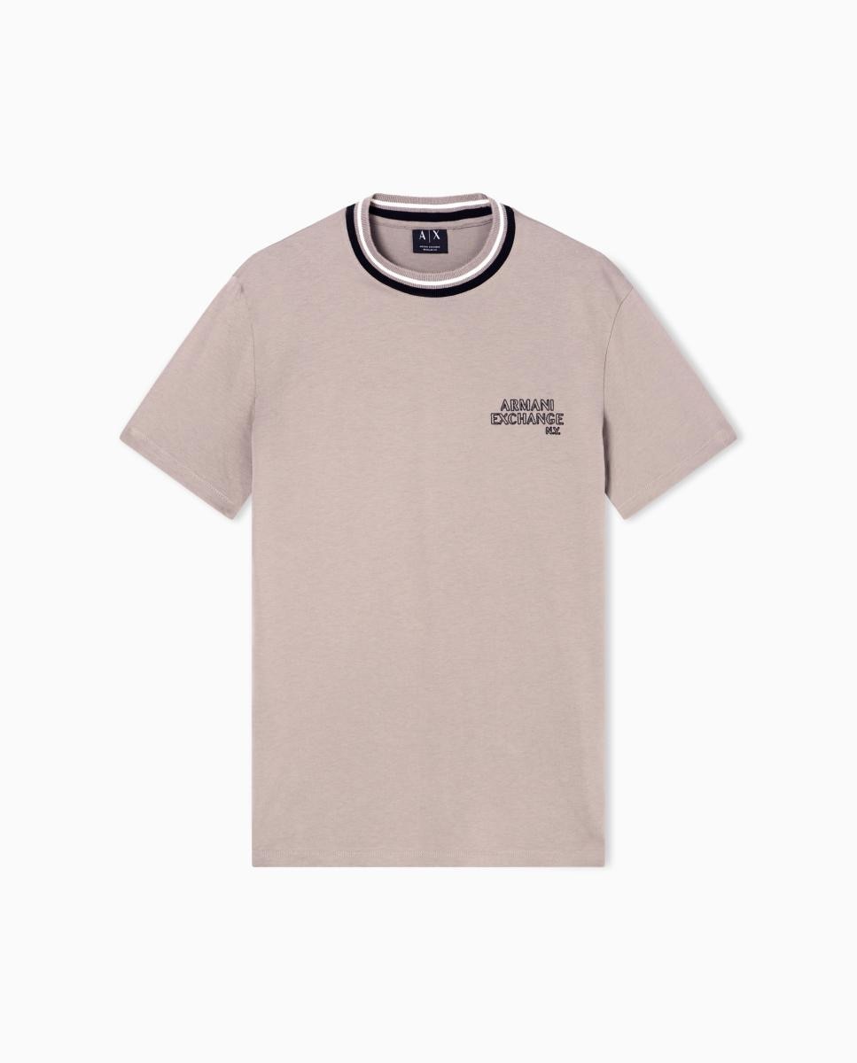 T-shirt Regular Fit com Manga Curta e Gola Canelada Castanho-claro-3