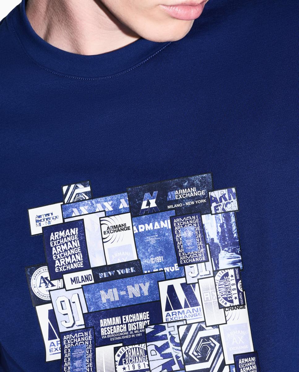 T-shirt de Manga Curta com Estampado Collage Azul-4